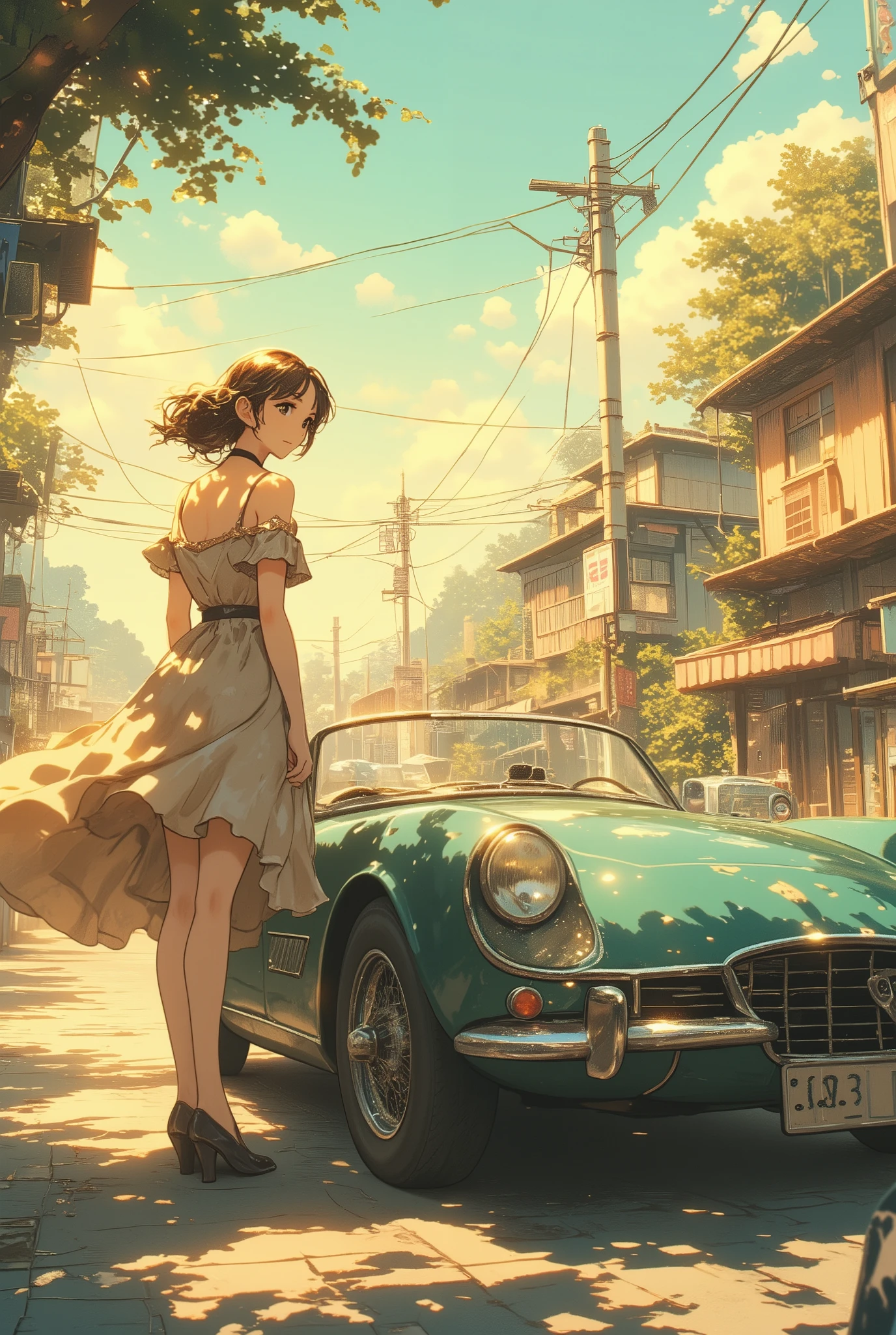 Anime Style, Vintage Sports Car, Retro Aesthetic, Classic 1960s Design, Soft Pastel Tones, Warm Nostalgic Glow, Gentle Film Grain, Dreamy Sunset, Elegant Anime Girl, Vintage Fashion, Flowing Dress, Polka Dots or Lace, Cat-Eye Sunglasses, Soft Wind Moving Her Hair, Standing Gracefully, Leaning Against the Car, Charming Smile, Golden Hour Lighting, Cinematic Framing, Detailed Reflections, Hand-Drawn Texture, Cozy and Romantic Atmosphere, Timeless Beauty, Retro City Street or Countryside Road, Anime Aesthetic, Whimsical and Artistic Touch