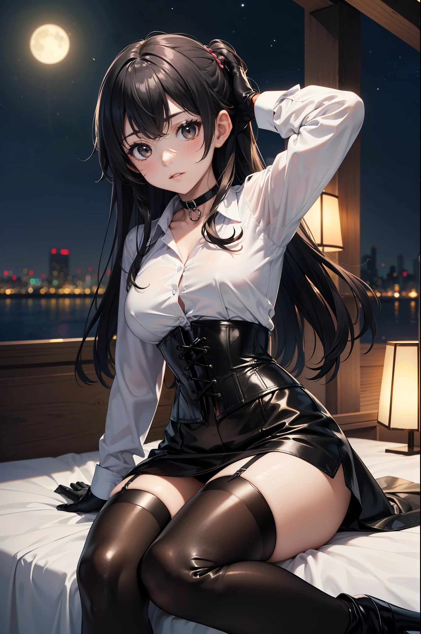 masterpiece, Anime style, A young girl, of foot, ( seen from the front ), pretty face, tender look, long black hair, detailed eye comforter, black eyes, choker : 1.6, (( long sleeve white shirt )), ( black gloves ), (black leather corset), ((minifalda negra)), brown stockings, black leather boots ), self-critical , roof, (( at night))