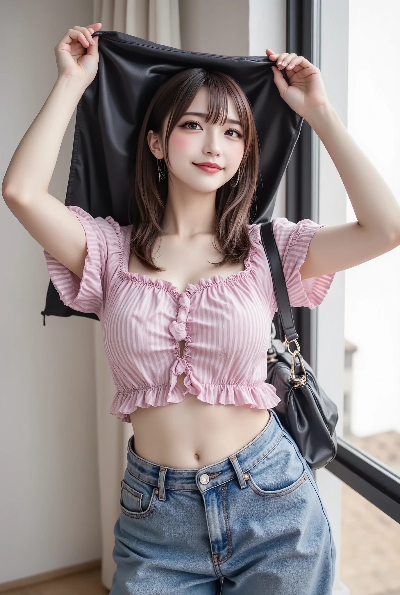 ((Ultra-high resolution)),8k,、Bending over to show cleavage、Small breasts, , Twin tails, mini skirt, shirt, shirtのフロント開口部、Small valley 2:1,idol carving, Wet, smile、Pink Wall、sexy、thin、Shapely small breasts