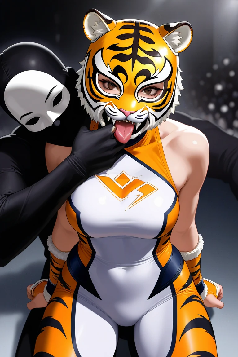 score_9, score_8_up, score_7_up, score_6_up, 1girl, black hair, short hair, hime cut, eyes closed, cleavage, kigurumi, animal hood, animal costume, tiger costume, p4wp0s3, paw pose,  BREAK rushpunch, punching, multiple hands, fists, clenched fists,(motion_blur:1.2),(motion line:1.1), speed_lines,
