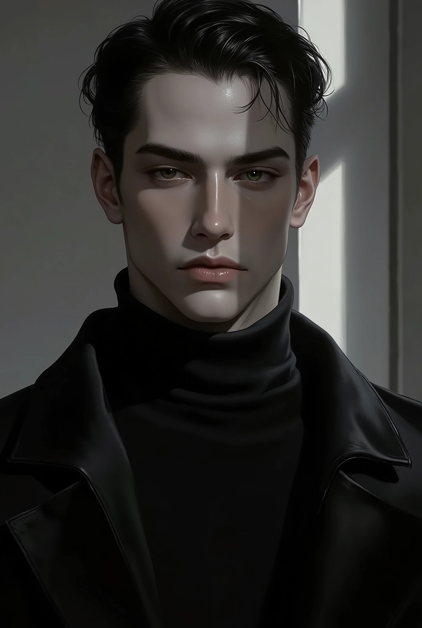 a painting of a man with a turtle neck sweater on, looking at the camera with a serious look on his face.Kubrick movie inspired photo , movie stills