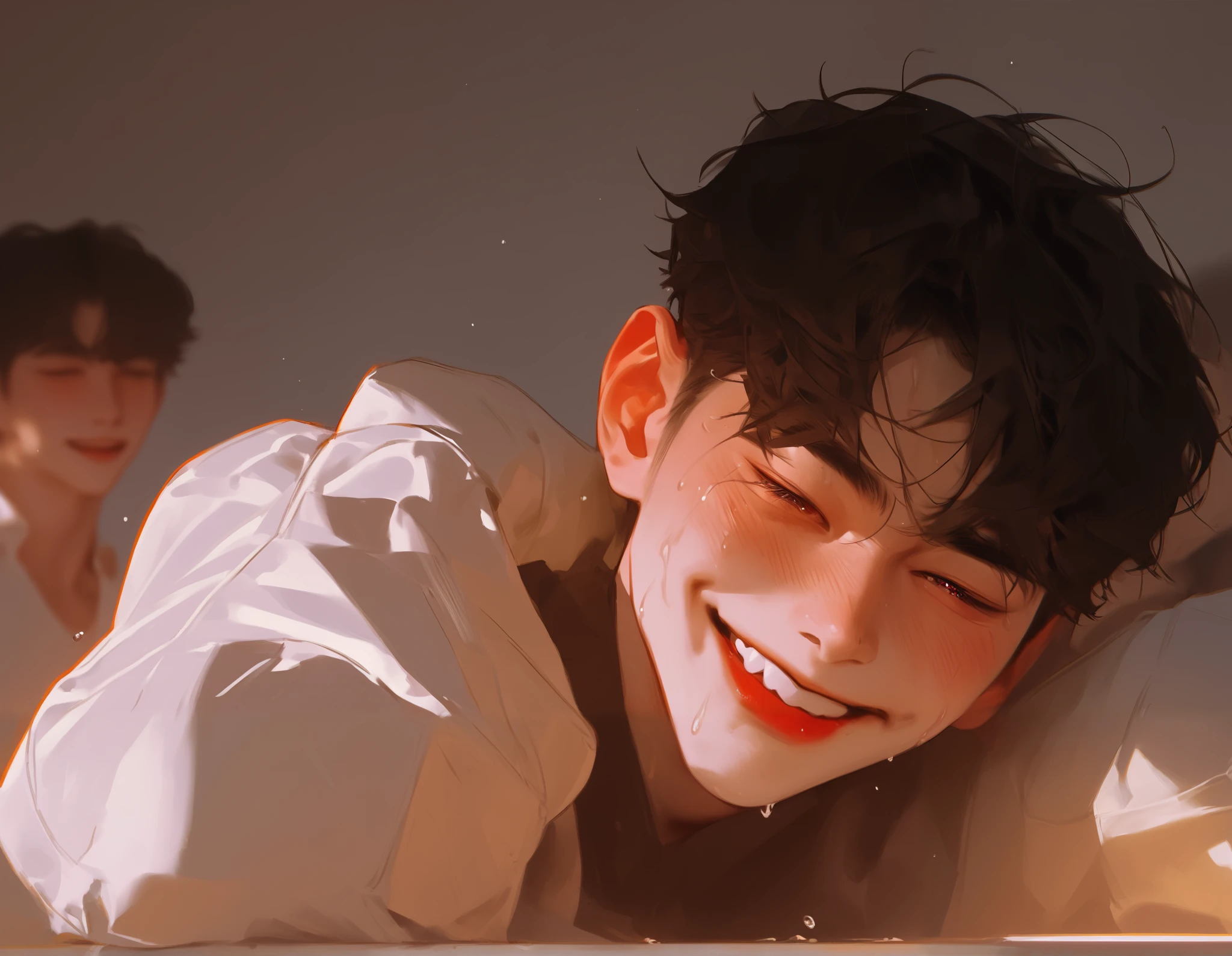 In the classroom, full body shot, lying on the table, thin, good body, smooth skin, Korean comic style, looking into the lens, young and energetic, thin, good body, strong white skin, wet hair, handsome face and small face seen, sweating, panting, blusher, 18 year old boy, gorgeous eyes, sweat, smiling, red lips
