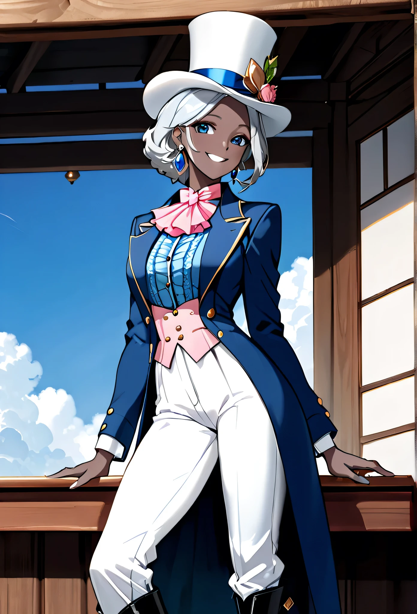 (masterpiece, best quality, 2k), solo, (female earth genasi, stone skin), dark grey skin, beautiful body, sleek legs, shiny silver hair , (((large sky blue silk top hat))), (((sky blue frock coat, long sleeved))), ((pink cravat)), (((white colonial trousers))), ((black heeled boots)), earrings, posing in tavern stage, (smiling, ladylike, serene, playful), glamorous pose, close up shot,