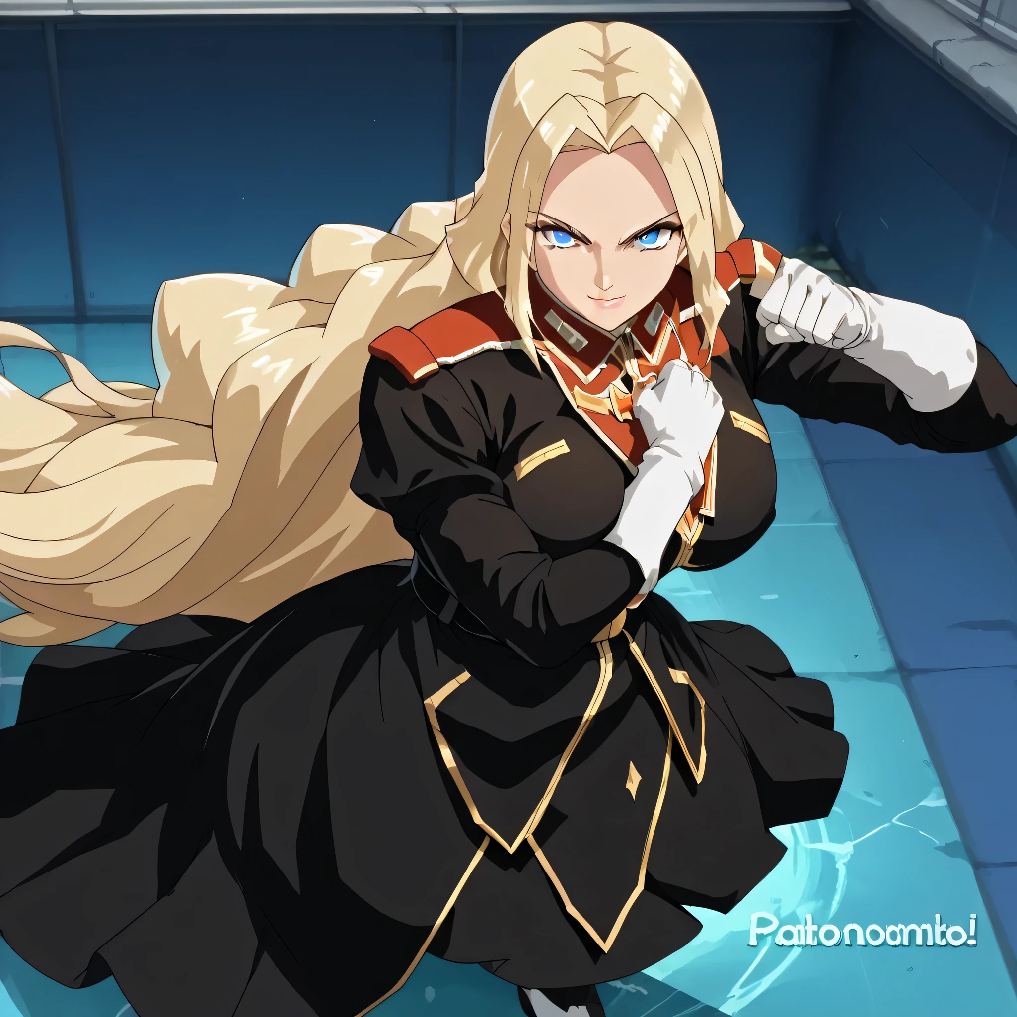 ultra-High resolution, score_9,score_8_up,score_7_up,score_6_up,score_5_up,score_4_up, BREAK, source_anime, anime screencap, uncensored, rating_explicit, Masterpiece, curvy, looking at viewer, Fighting Stance, (((solo, 1girl))), hair ornament, (((TitanOutfit))), full body, ZetaGBTT, seductive pose, submissive pose, large breast, huge breast, blonde hair, long hair, very long hair, blue eyes, smile, gentle smile, long dress, looking from above, view from above, from above