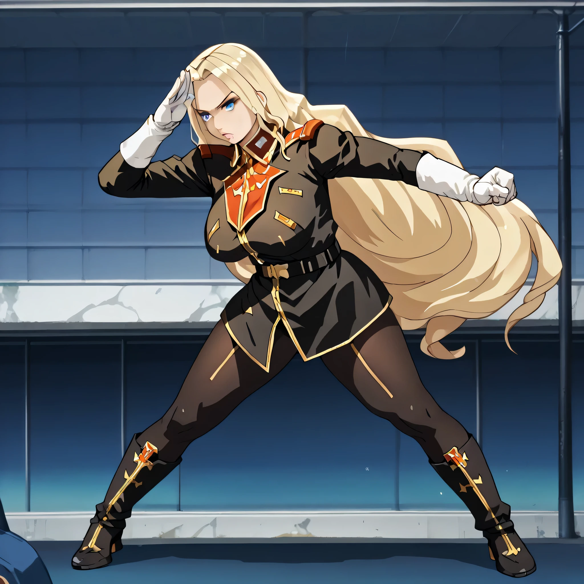 ultra-High resolution, score_9,score_8_up,score_7_up,score_6_up,score_5_up,score_4_up, BREAK, source_anime, anime screencap, uncensored, rating_explicit, Masterpiece, curvy, dark persona, looking at viewer, Fighting Stance, (((solo, 1girl))), hair ornament, (((TitanOutfit))), full body, ZetaGBTT, seductive pose, submissive pose, large breast, huge breast, blonde hair, long hair, very long hair, blue eyes, salute, saluting, military saluting