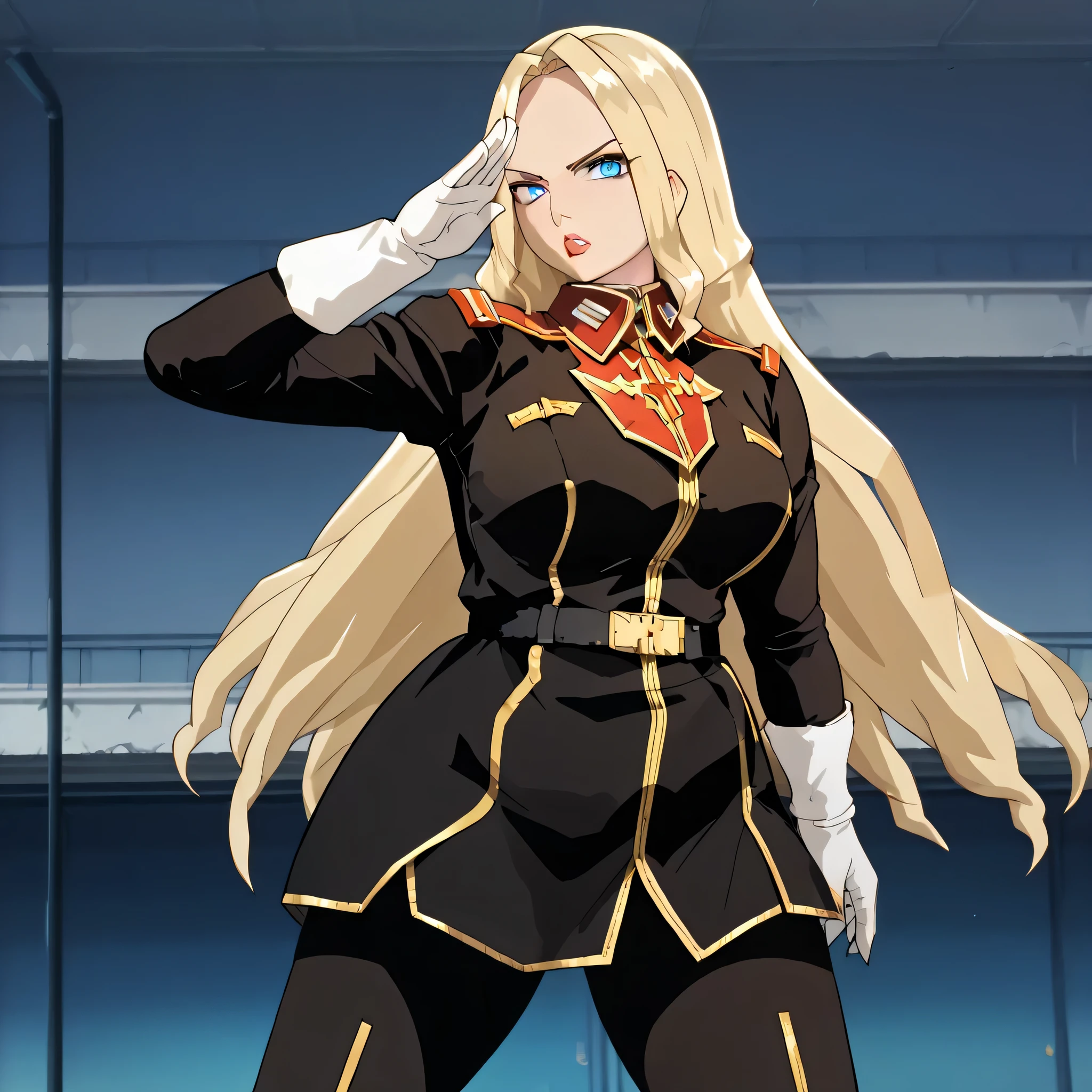 ultra-High resolution, score_9,score_8_up,score_7_up,score_6_up,score_5_up,score_4_up, BREAK, source_anime, anime screencap, uncensored, rating_explicit, Masterpiece, curvy, dark persona, looking at viewer, Fighting Stance, (((solo, 1girl))), hair ornament, (((TitanOutfit))), full body, ZetaGBTT, seductive pose, submissive pose, large breast, huge breast, blonde hair, long hair, very long hair, blue eyes, salute, saluting, military saluting