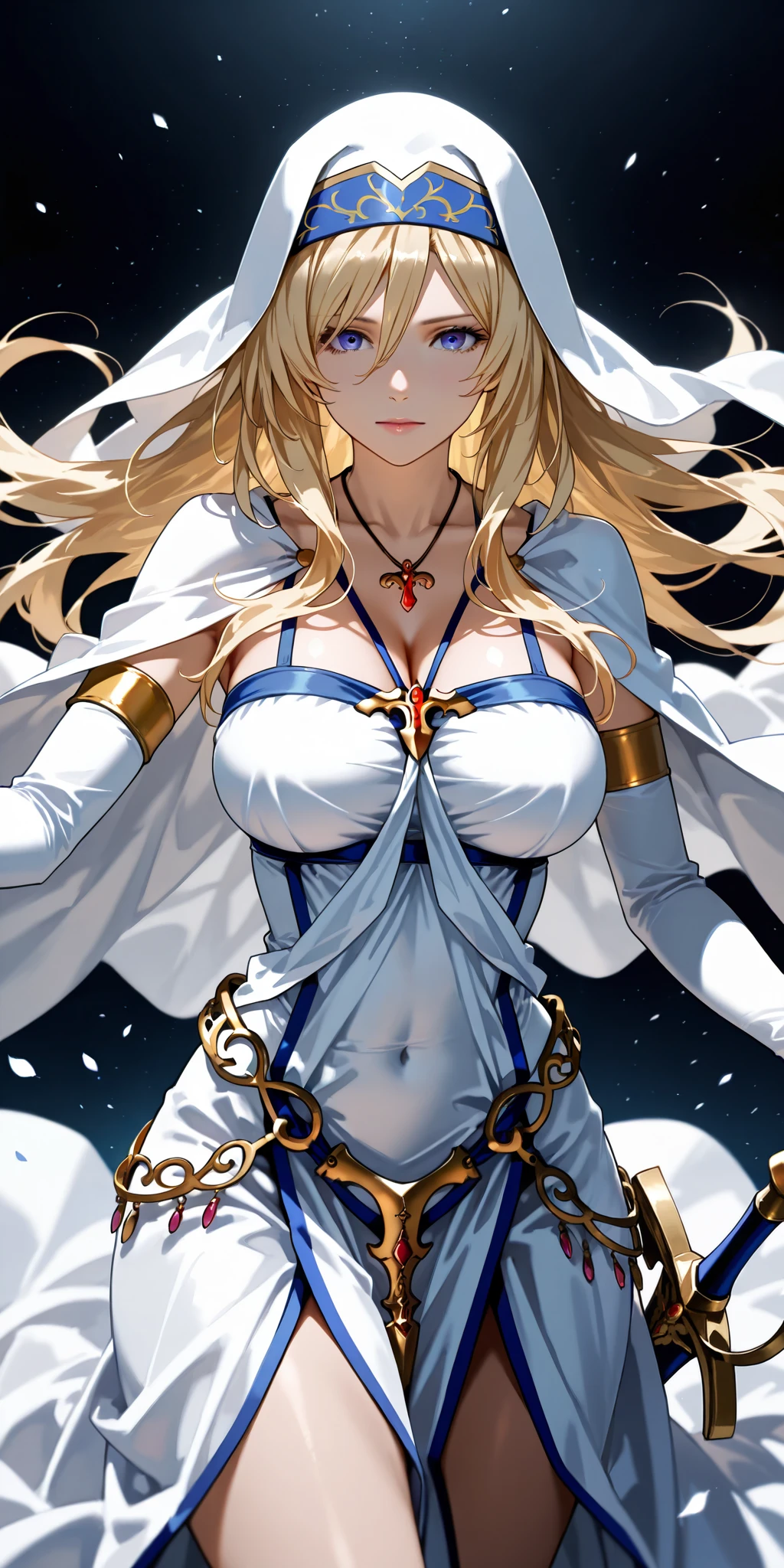 masterpiece, best quality, 2.5D, realistic, 1girl, Sword Maiden, goblin_slayer, 1girl, solo, blonde_hair