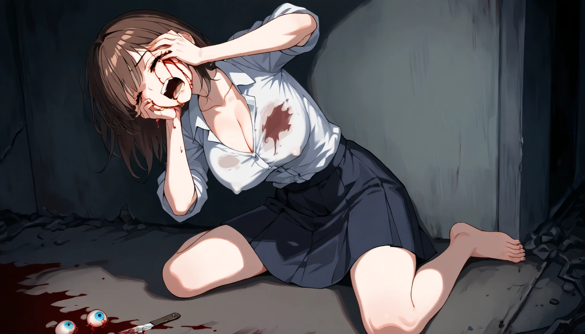 A beautiful blind young woman dressed in worn and dirty shirt with rolled up sleeves and skirt in the dark street, solo, strong, big breasts, (light blue button down shirt), ((collarbone)), ((cleavage)), (((sleeves rolled up)), short dark skirt, (brown hair), bare feet, horror, crying, (((bloody tears))), closed eyes, ((eyes injury)), erect nipples, (hands touching her face), dark street, rust, bloody scalpel in hand, ((pair of small bloody round eyeballs on the floor))