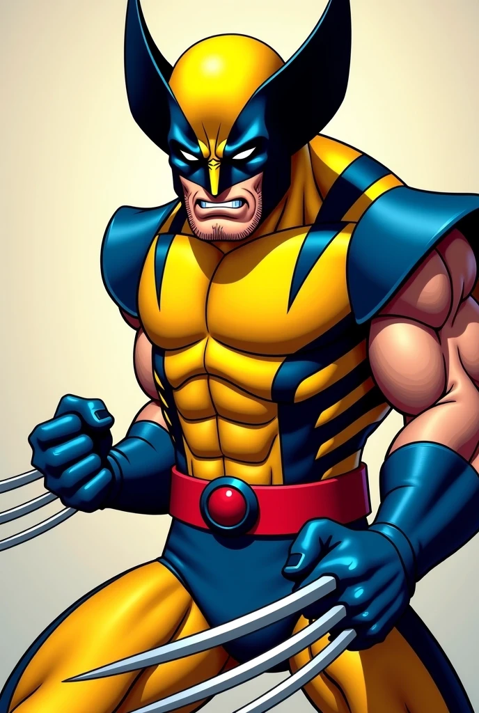 best quality, 16k, extremely detailed, delicate and dynamic, Logan Howlett, Wolverine, yellow bodysuit, blue gloves, (((Unmasked))), (masterpiece), best quality, expressive eyes, (white background:1.5),(((simple background)), perfect face, (perfect fingers), detailed eyes, detailed face, ,tshirt design logo,