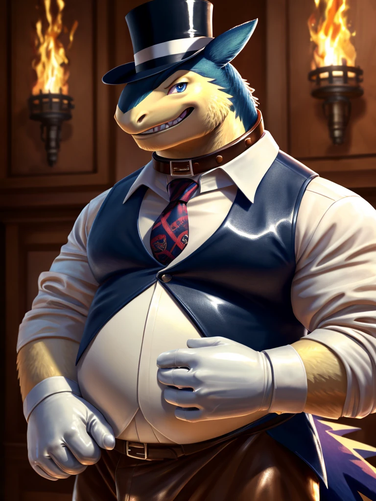 Scalie, Anthro shark, adult male shark, wearing white button down shirt, bowtie, suspendenders, casual pose, dominant, soft smile, solo, bulky build, chubby, hard small penis, small veiny penis, sitting on couch