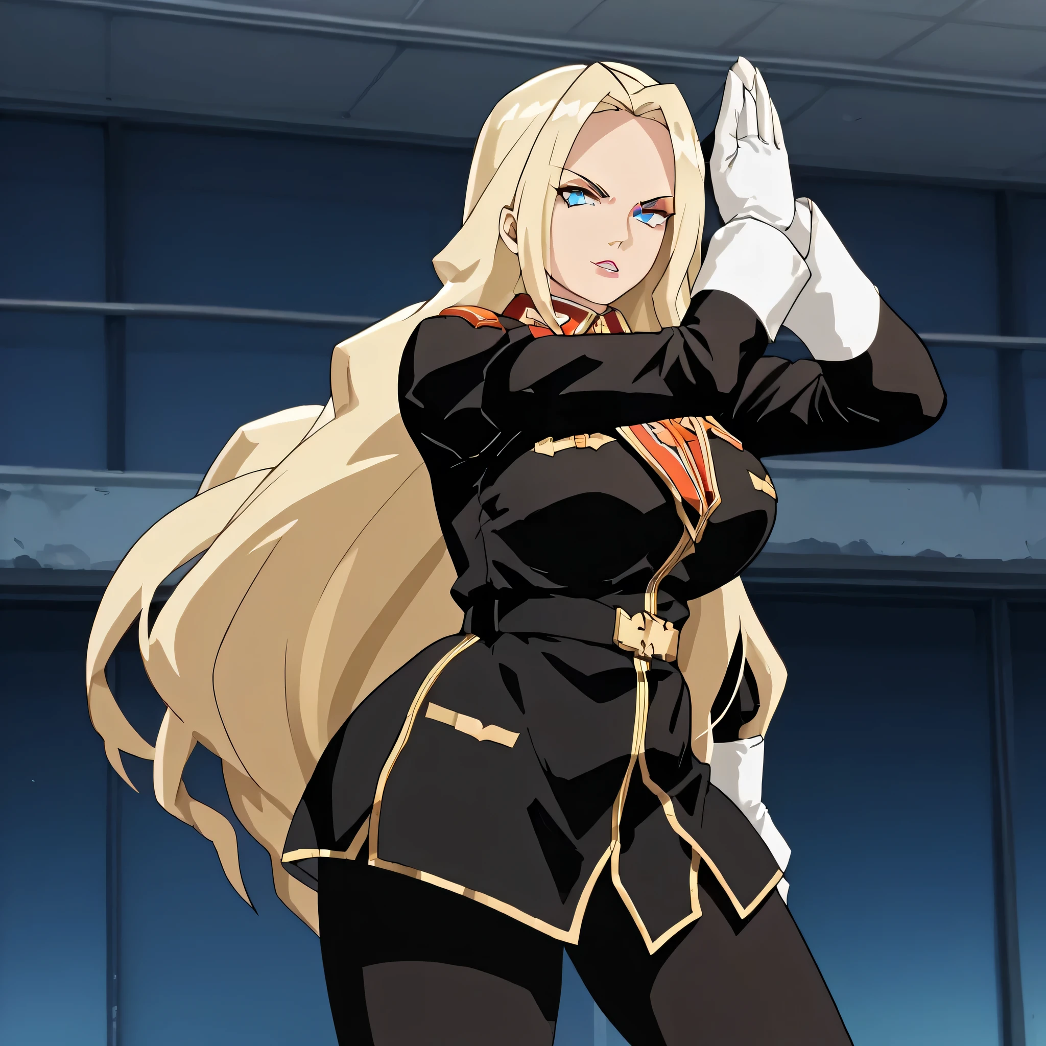 ultra-High resolution, score_9,score_8_up,score_7_up,score_6_up,score_5_up,score_4_up, BREAK, source_anime, anime screencap, uncensored, rating_explicit, Masterpiece, curvy, looking at viewer, Fighting Stance, (((solo, 1girl))), hair ornament, (((TitanOutfit))), full body, ZetaGBTT, seductive pose, submissive pose, large breast, huge breast, blonde hair, long hair, very long hair, blue eyes, salute, saluting, military saluting,