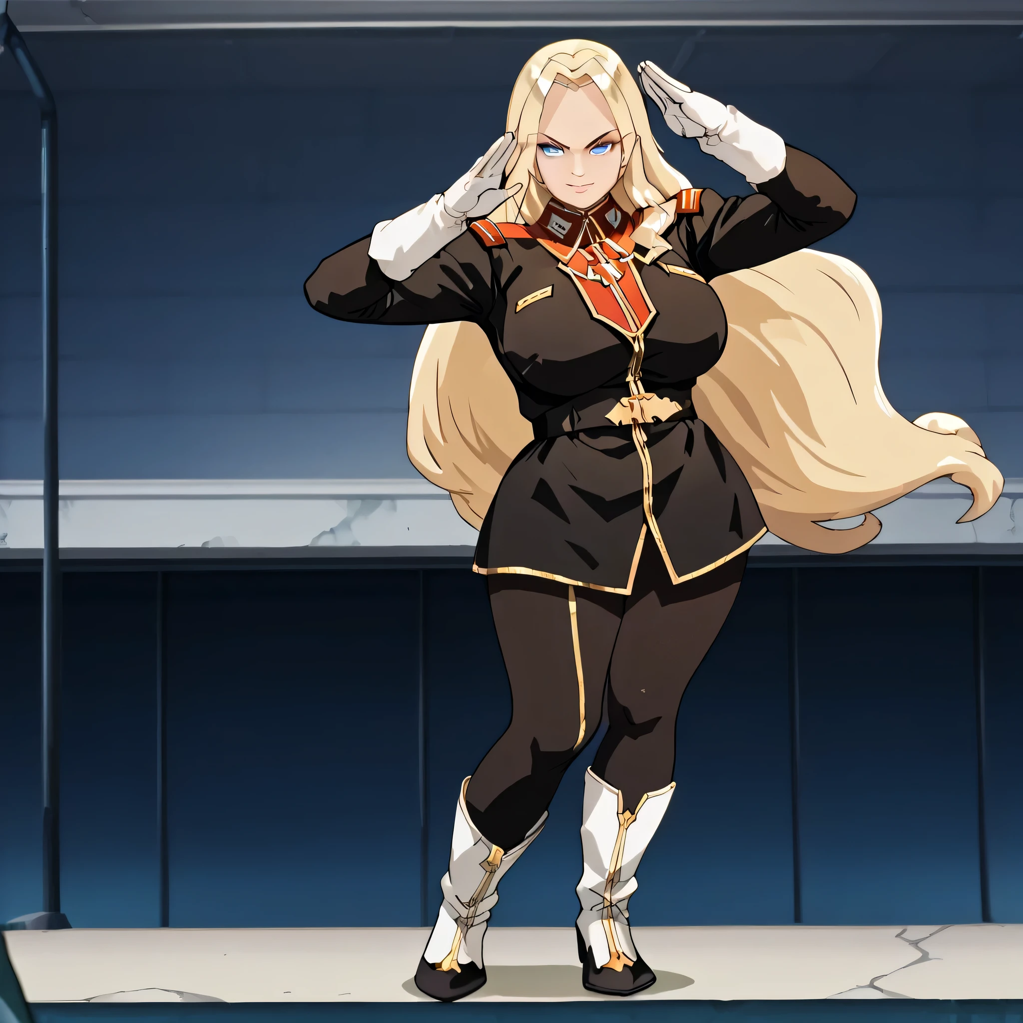ultra-High resolution, score_9,score_8_up,score_7_up,score_6_up,score_5_up,score_4_up, BREAK, source_anime, anime screencap, uncensored, rating_explicit, Masterpiece, curvy, looking at viewer, Fighting Stance, (((solo, 1girl))), hair ornament, (((TitanOutfit))), full body, ZetaGBTT, seductive pose, submissive pose, large breast, huge breast, blonde hair, long hair, very long hair, blue eyes, salute, saluting, military saluting, smile, gentle smile, kindness smile