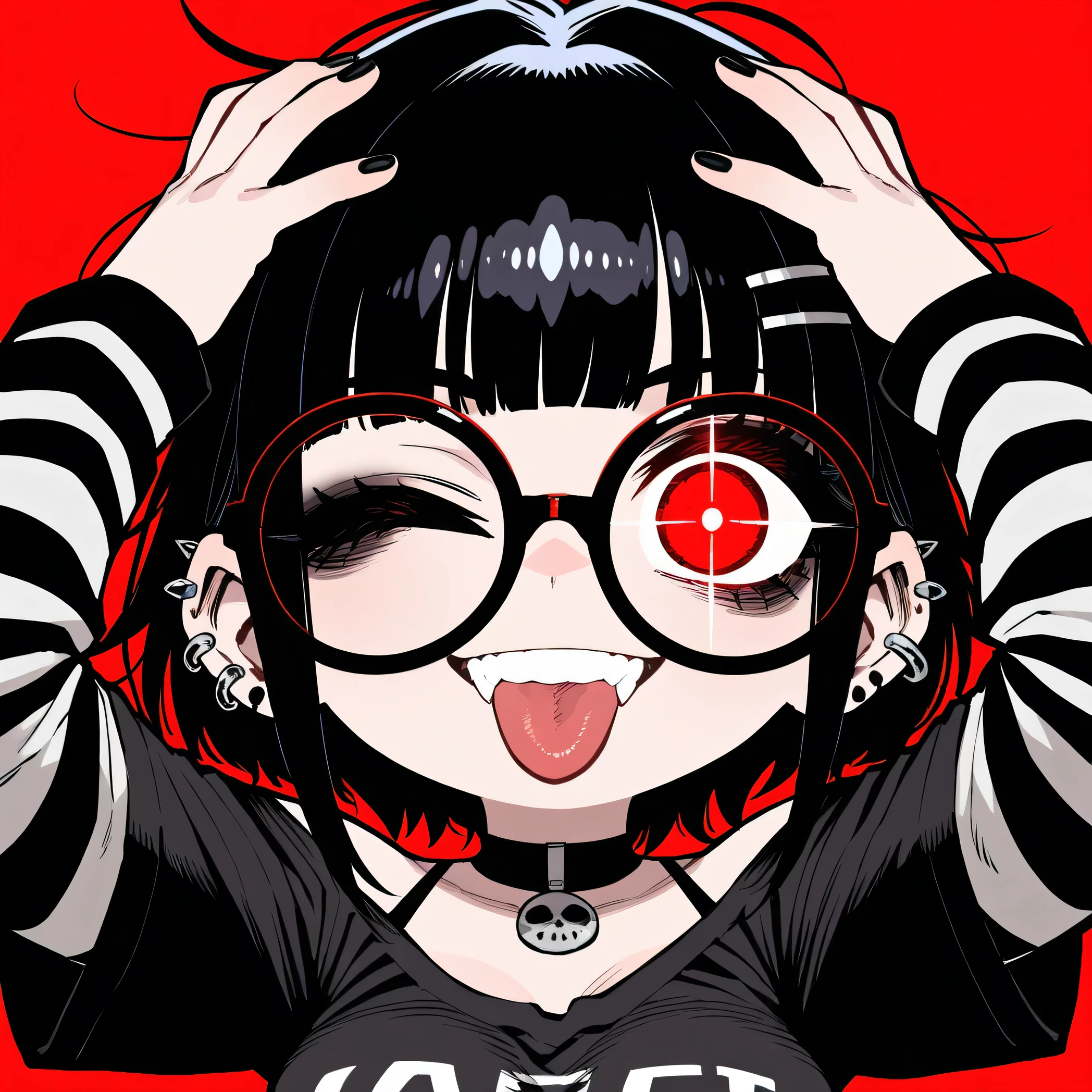 (extremely detailed fine touch:1.3), (((semi-rimless round eyewear:1.3))), (headphone:1.2), short hair, blunt bangs, 1 girl, evil smile, overalls., holding chainsaw, Bloody skin, dirty skin,