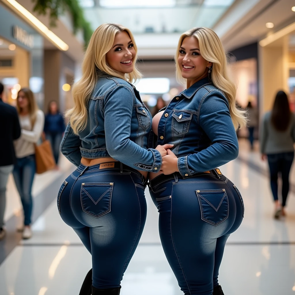 In a bustling summer shopping mall, group of TWO plump, blonde MATURE MILF models with radiant, fair skin and big, warm smiles stand side by sideview showing firm butts, their eyes gleaming with joy as they look directly at the camera. Both wear tight, shiny dark blue shinny wetlook leggings jeans that accentuate their massive, firm butts, with prominent back pockets. Their big, ample, masive nude fake tits are accentuated by their skinny, tight denim jackets. They wear tall, black riding boots that add to their height and elegance. One model is laughing, her smile infectious, while the other is grinning widely, her eyes sparkling with happiness. The background is a modern, shopping mall with a clean, vibrant aesthetic, adding to the lively, summery feel. The image is captured in 8K resolution, with a side view that emphasizes their confident, joyful expressions and stylish outfits.