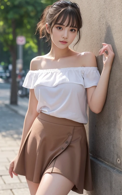 Highest quality、Highest quality、High resolution、、Young Japanese Woman、One Woman、Off the shoulder、Tight mini skirt、Beautiful feet、smile、Brown Hair、Long Hair、Slightly larger breasts、Blurred Background、garden、sexy、Beautiful ass、Delicate face、Real、Like the picture