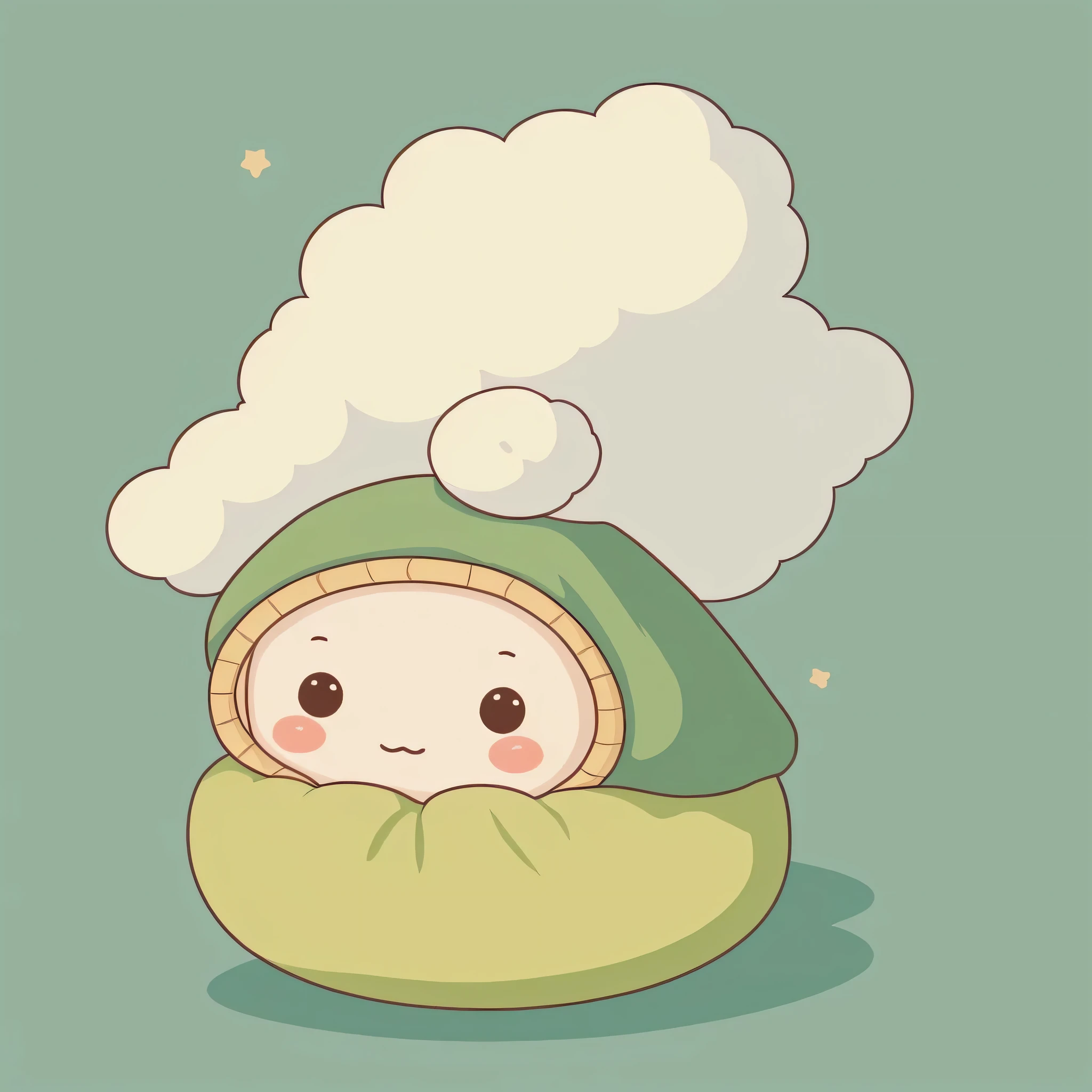 A sleepy avocado wrapped in a cozy blanket, lying on a fluffy cloud with tiny golden stars, white background, kawaii, soft green pastel, gentle outlines, smooth shading, high resolution, no gradient, transparent background, sticker-friendly