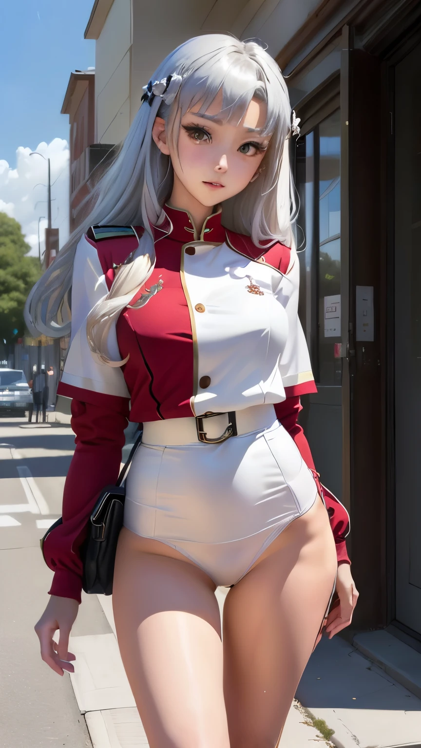 a woman in a miniskirt suit has a miniskirt , 赤い白いMiniskirt Uniform, White panties are visible from the silver miniskirt ,A woman in a miniskirt 性を装ったエドワード・コーベット, Anime The Chamba , a woman in a red dress like a retrofuturistic heroine has a miniskirt, Miniskirt Uniform, White panties are visible from the silver miniskirt ,A woman in a miniskirt