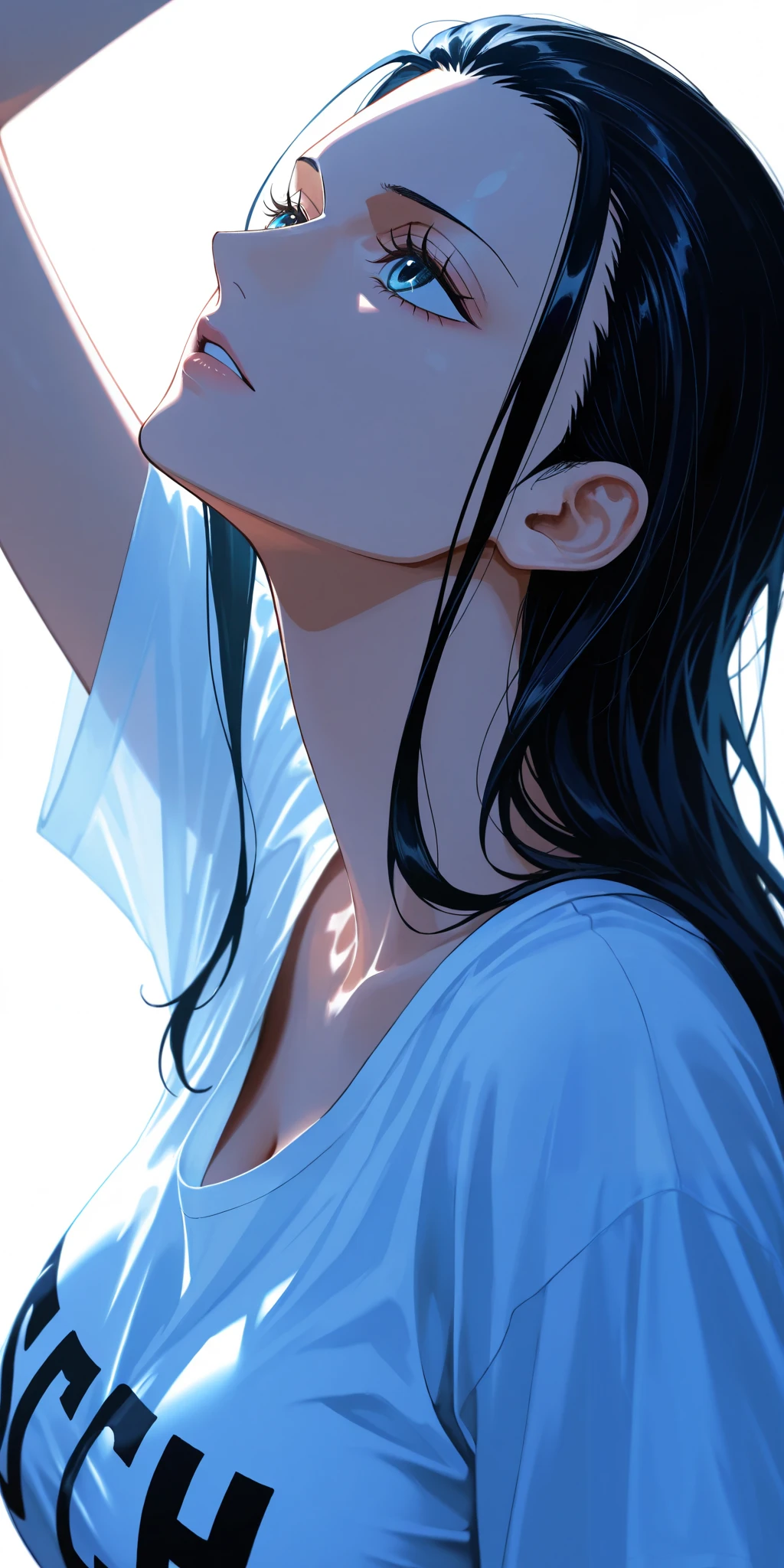masterpiece, high score, great score, absurdres, close-up, beautiful woman, Nico Robin, one piece, black hair, long hair, hair slicked back, beautiful blue eyes, oversized t-shirt, simple background, vivid colors, volumetric lighting, soft lighting, facing up, side view