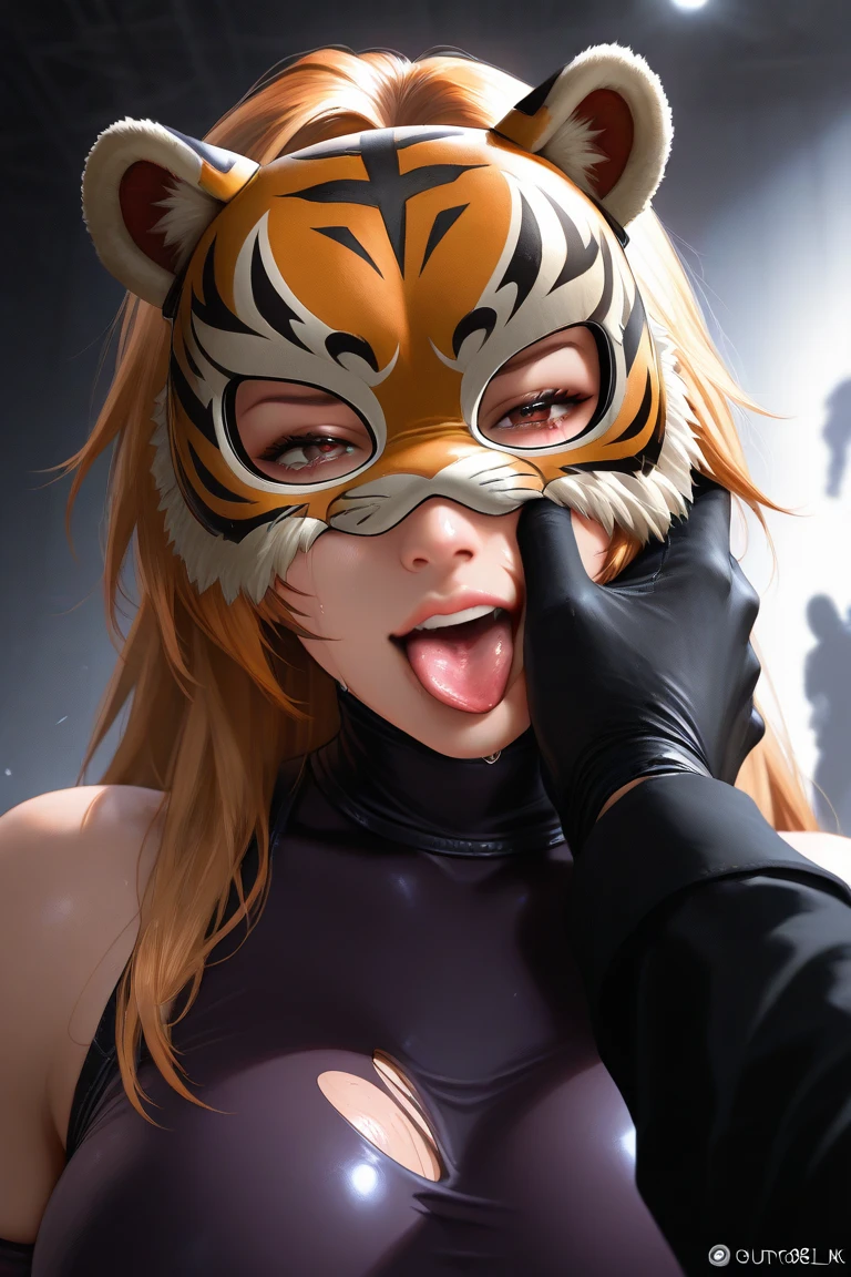 kunimitsu,fox mask,red hair,lips,twintails,
purple bodysuit,cleavage,long sleeves,light smile,covered navel,
standing,upper body,
spring,night,
(insanely detailed, masterpiece, best quality),solo,<lora:KunimitsuTT2:0.8>,
