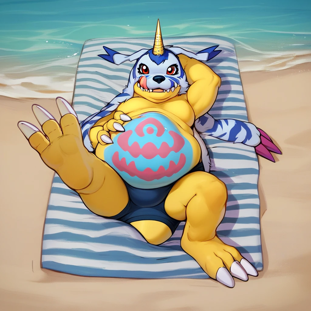 score_9, score_8_up, score_7_up, score_6_up, score_5_up, score_4_up, gabumon, digimon, single horn, claws, red eyes, sharp teeth, creature, monster, chubby, pudgy belly, blue and pink markings on belly, blue fur pelt, yellow body, three toes, outside, beach background, beach scenery, water, relaxing, laying down, looking at viewer, barefoot, laying on bed, rubbing belly, licking lips, erotic expression, male, come to bed, protuberance of a face on the belly, scream of help, high quality, male vore, vore, burping, belly bulge, horny expression, belly effects, vore, belly bulges, burp, gripping belly