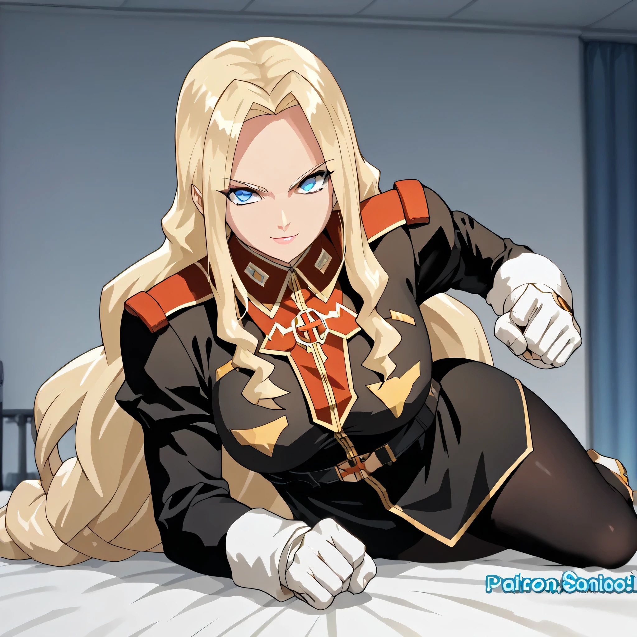 ultra-High resolution, score_9,score_8_up,score_7_up,score_6_up,score_5_up,score_4_up, BREAK, source_anime, anime screencap, uncensored, rating_explicit, Masterpiece, curvy, looking at viewer, Fighting Stance, (((solo, 1girl))), hair ornament, (((TitanOutfit))), full body, ZetaGBTT, seductive pose, submissive pose, large breast, huge breast, blonde hair, long hair, very long hair, blue eyes, smile, gentle smile, lying down on bed, bed,