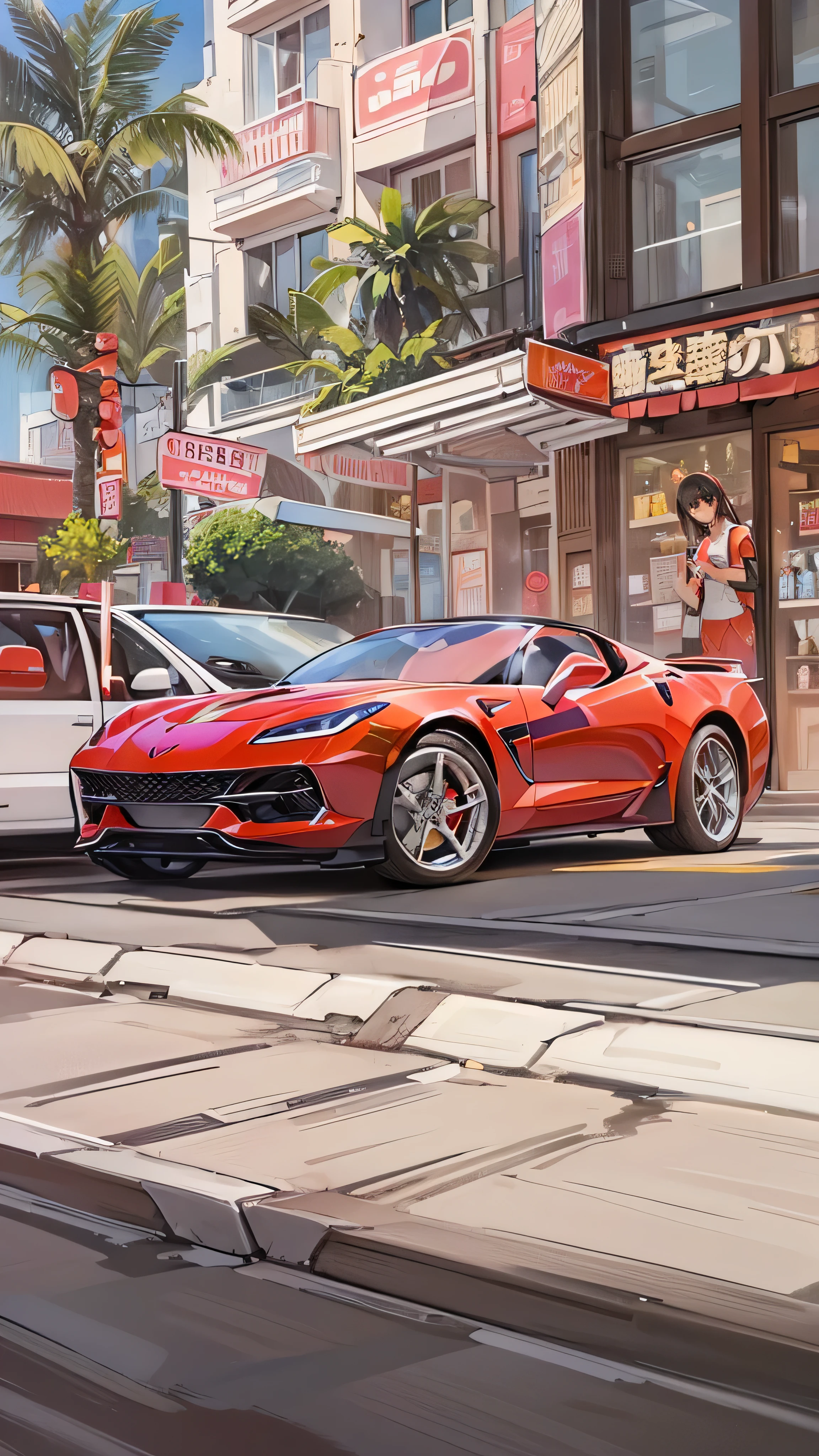 high res images、 high res,Create another scene in the same style ,( Barbie's car red C1 Corvette )Barbie is now outside the perfume store.mosquito.,She's in the streets of San Diego right now。, She's going to get in the car soon , Her car is a C1 Corvette 、Pink and white、It's a red C1 Corvette , She's wearing an orange and white plaid dress。Smile and look at the camera in front of the car 。