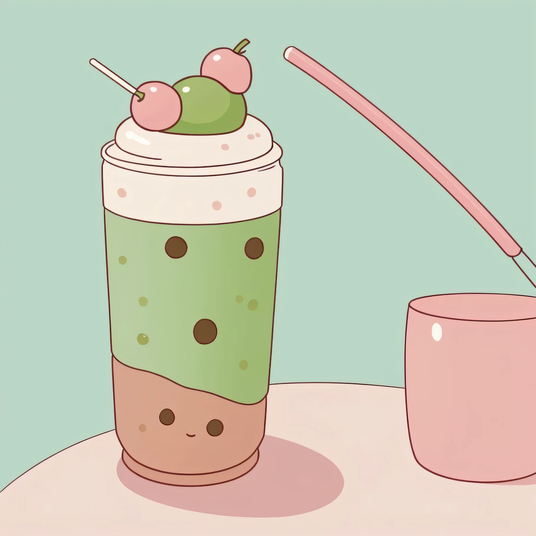 A cute avocado inside a pastel pink boba tea cup with soft tapioca pearls, holding a tiny straws, white background, kawaii, soft green pastel, gentle outlines, smooth shading, high resolution, no gradient, transparent background, sticker-friendly