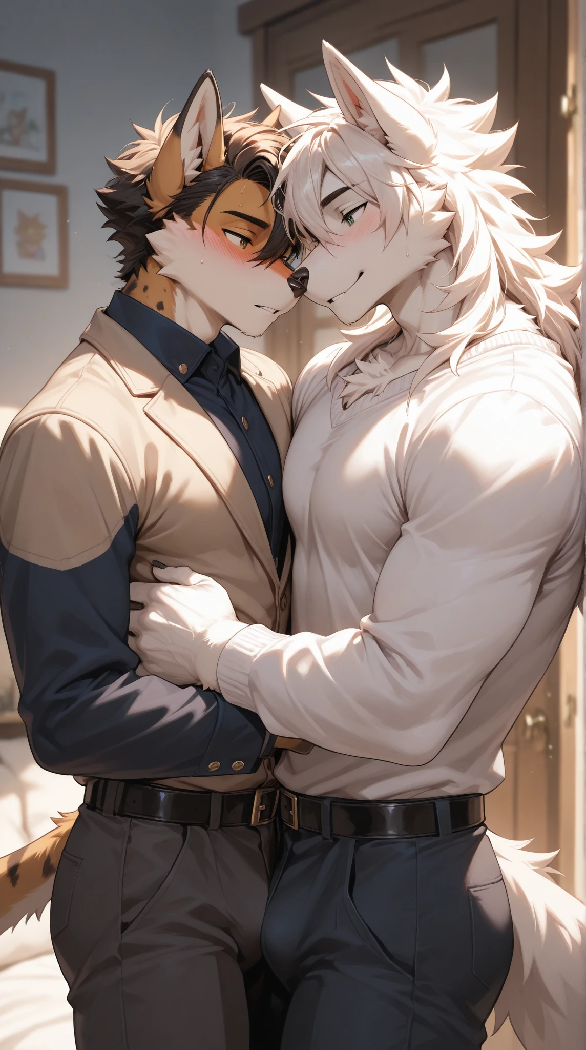 Big Muscle furry black wolf kiss furry white wolf  Wear shirt and trouser , the balcony railing ,Riverside ,city,watch the sunset ,Smiling softly and warmly ,Stand facing the sun  