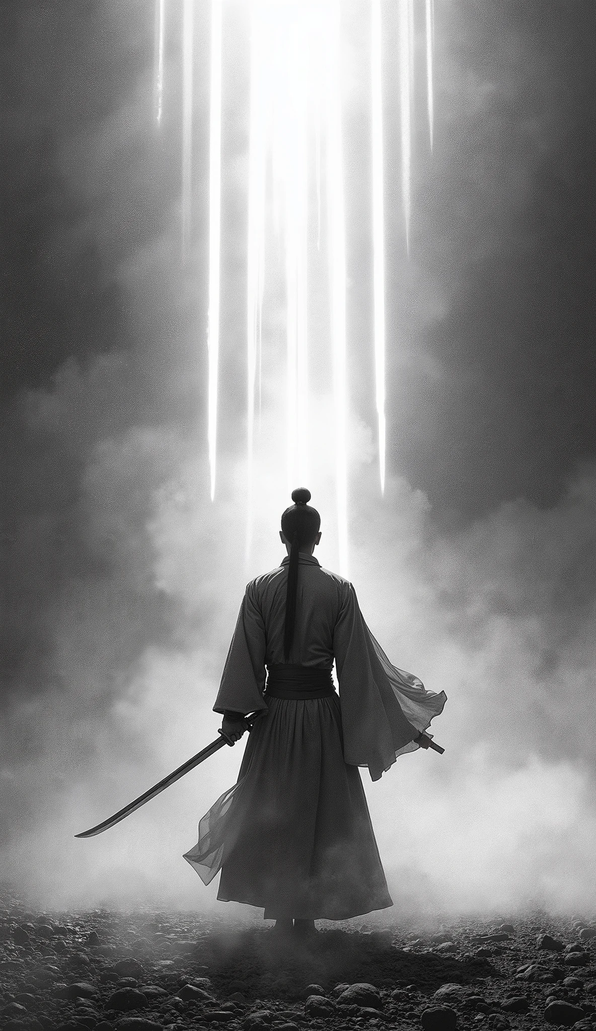 ((Masterpiece))，(Best quality))，Faraway view，There were twenty swords suspended in the air，Sword Rain，A young man Taoist priest，Infinite Sword System , face to enemy，Glow effects，Hyper-realistic，Ultra photo realsisim，Chinese black and white ink style，Black and white，Decolorization，Smudge，ink，8K，super-fine，high qulity，OC renderer