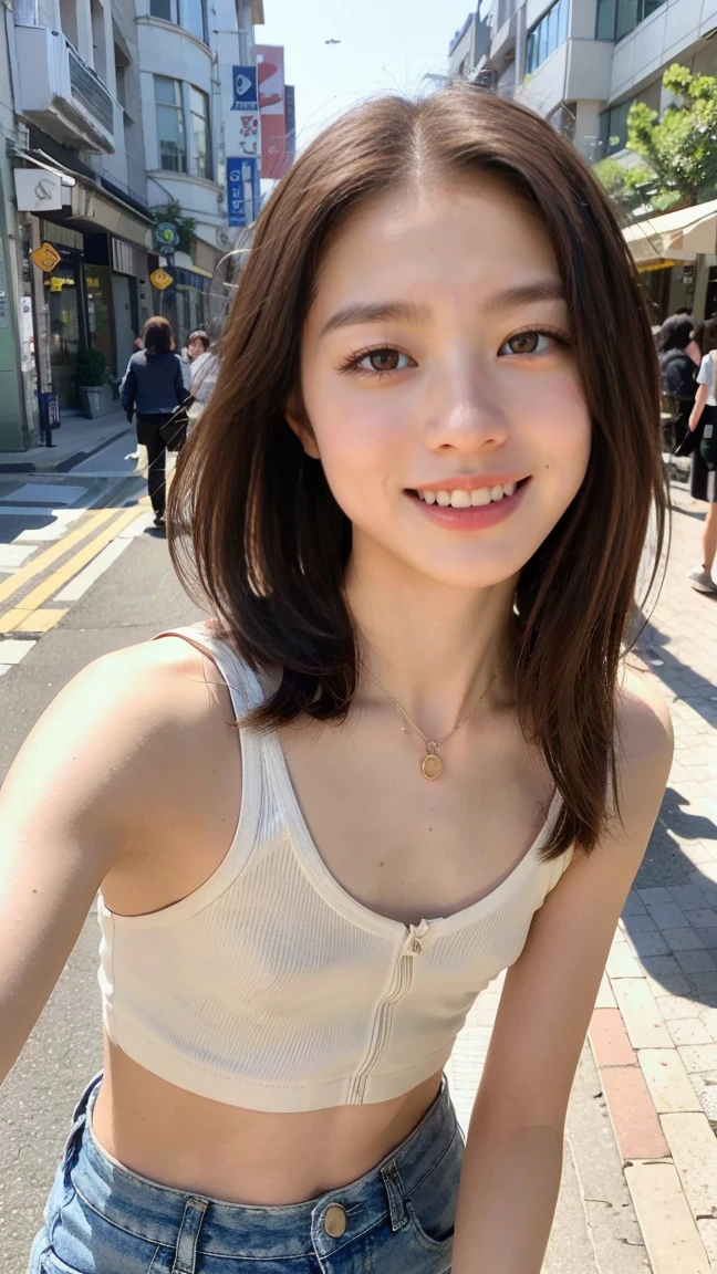 blue sky, ponytail, Daytime view, Paris background, Professional director, Professional Lighting, (Highest quality, 12896k,masterpiece), Very cute small round face, Red lipstick, Larger lips, Japanese Idol, Big Breasts, clavicle, white red dress, Ultra HD, (Photorealistic:1.1), RAW Photo, One Girl, Beautiful eyes, Very big breasts and big eyes, Black brown hair, Smile, Are standing, Full body photo