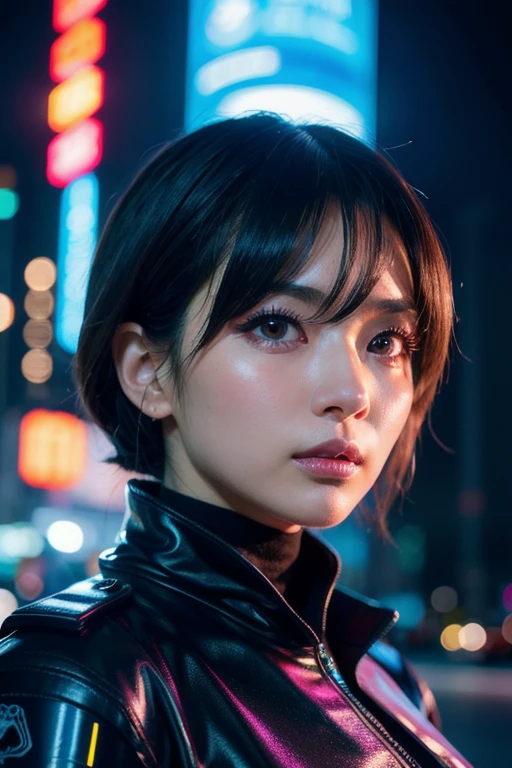of the highest quality, masutepiece, Ultra High Resolution, ((Photorealistic: 1.4), Raw photo, 1 Cyberpunk Girl, Glossy skin, 1 Mechanical Girl, (super realistic details)), Mechanical limbs, Tubes connected to mechanical parts, Mechanical vertebrae attached to the spine, Mechanical cervical attachment to the neck, Wires and cables connecting to the head, Evangelion, Small glowing LED lamp, global lighting, Deep Shadows, Octane Rendering, 8K, ultrasharp, Metal, Intricate decoration details, Baroque style details, high intricate detailed, Realistic light, CG Trend, Facing the camera, neon details, (Dazzling cyberpunk street street in the background), Sheer ,Colossal tits