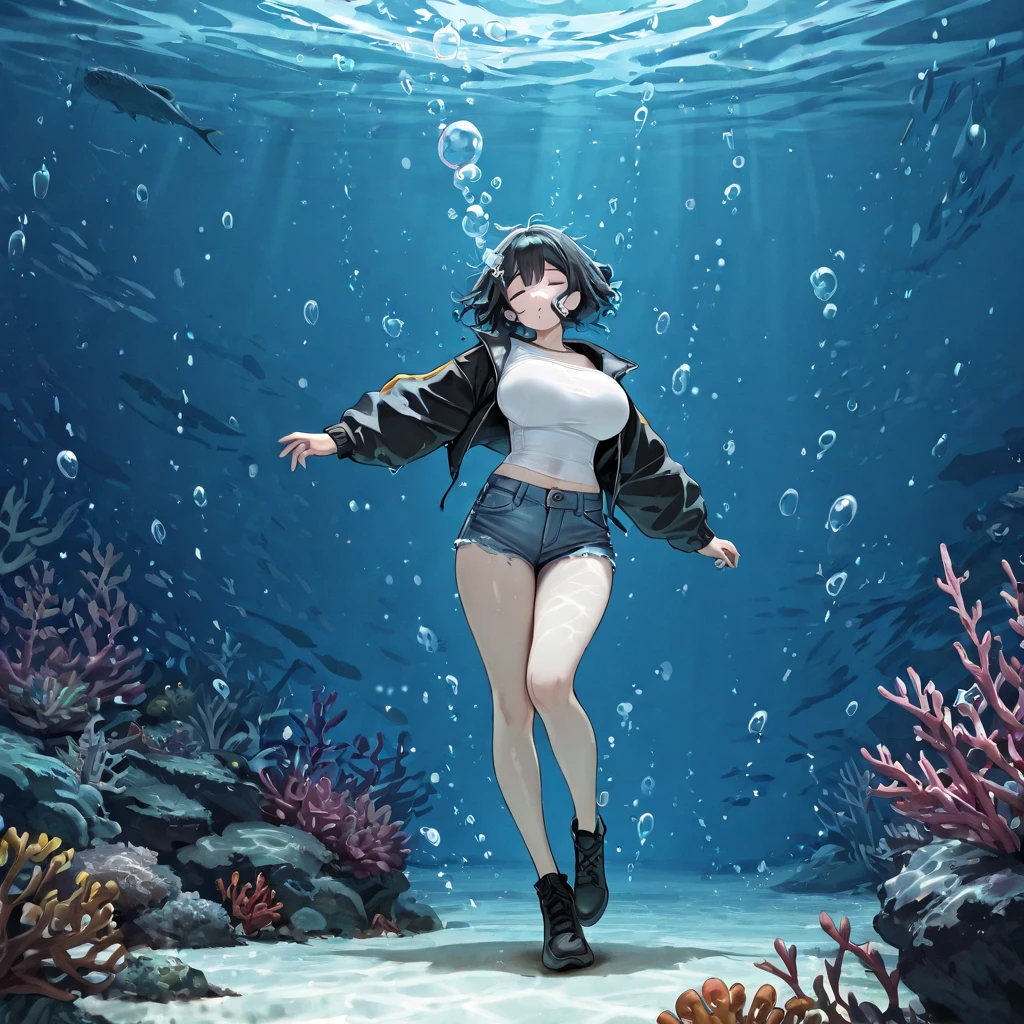 Coraline holds her head high, Exuding energy and adventure. her wavy, Sea green hair cascading down her back, Decorated with delicate shells and small starfish. Her eyes sparkle with azure light, Reflecting the depths of the ocean. She wore a vibrant deep-V swimsuit, Decorated with an intricate wave pattern,，Let her move easily during water activities. On her feet, She wears stylish waterproof boots, Perfect for exploring the coast and diving into the sea. Coraline is wearing a waterproof backpack, Filled with all the essentials of her underwater adventure. full body art