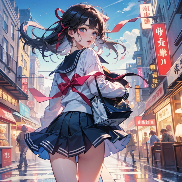 (Top quality illustrations:1.5)、(ultra-detailliert) 、(The background is the cityscape)、(Cute little girl s:1.0)、(女の子1人:1.0)、(Short black hair:1.0)、(School Uniforms:1.0)、(Thigh to upper body:1.0)、17 age、Wearing headphones、D-cups、