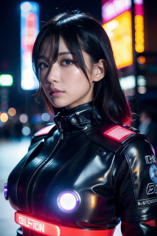 A beautiful female Japanese police officer at night in a futuristic metropolis, extremely detailed face, beautiful detailed eyes, beautiful detailed lips, long eyelashes, intricate futuristic cyberpunk city, neon lights, glowing holographic displays, sci-fi technology, dramatic lighting, cinematic composition, highly detailed, photorealistic, 8k, hyper-realistic, masterpiece