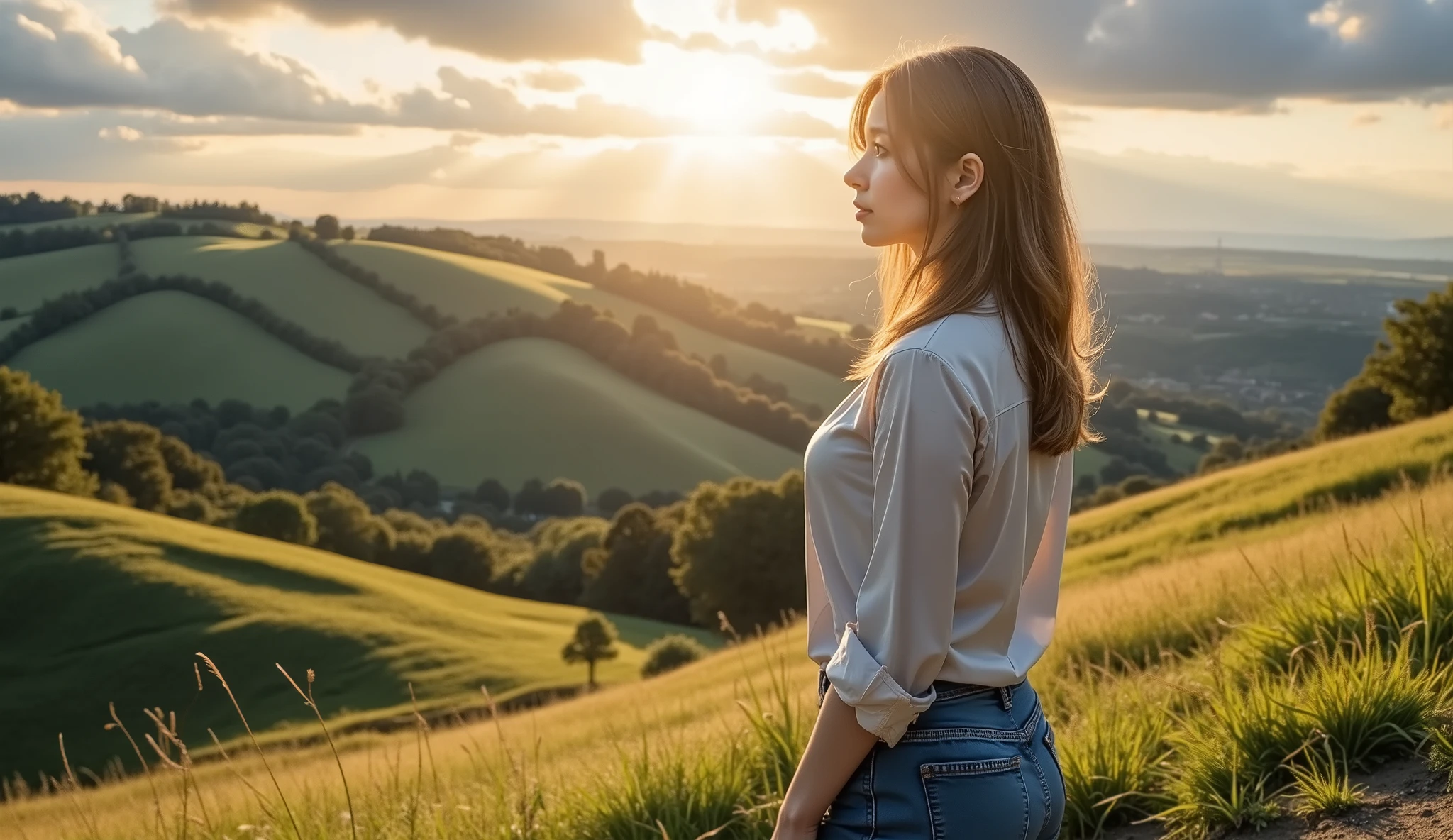 countrysideの木造アーバーの下で休んでいる女性、 Peaceful Atmosphere 、warm sunshine、 beautiful scenery 、 Comfortable posture , silk blouse 、 jeans, side view、Hillside 、fluffy clouds、 golden hour lighting 、 calm color palette 、 Soft Focus 、 realistic、8k、 High definition 、 masterpiece、 Super Fine 、 Shrink、 countryside