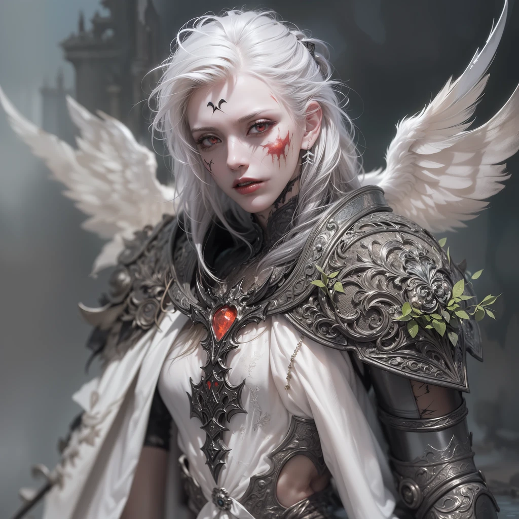 Grey skin, blood soaked, elf, rare, cursed maiden, Angelic armor, beautiful woman, long silver hair, red glowing eyes, grey skin, black attire, palace ruins,