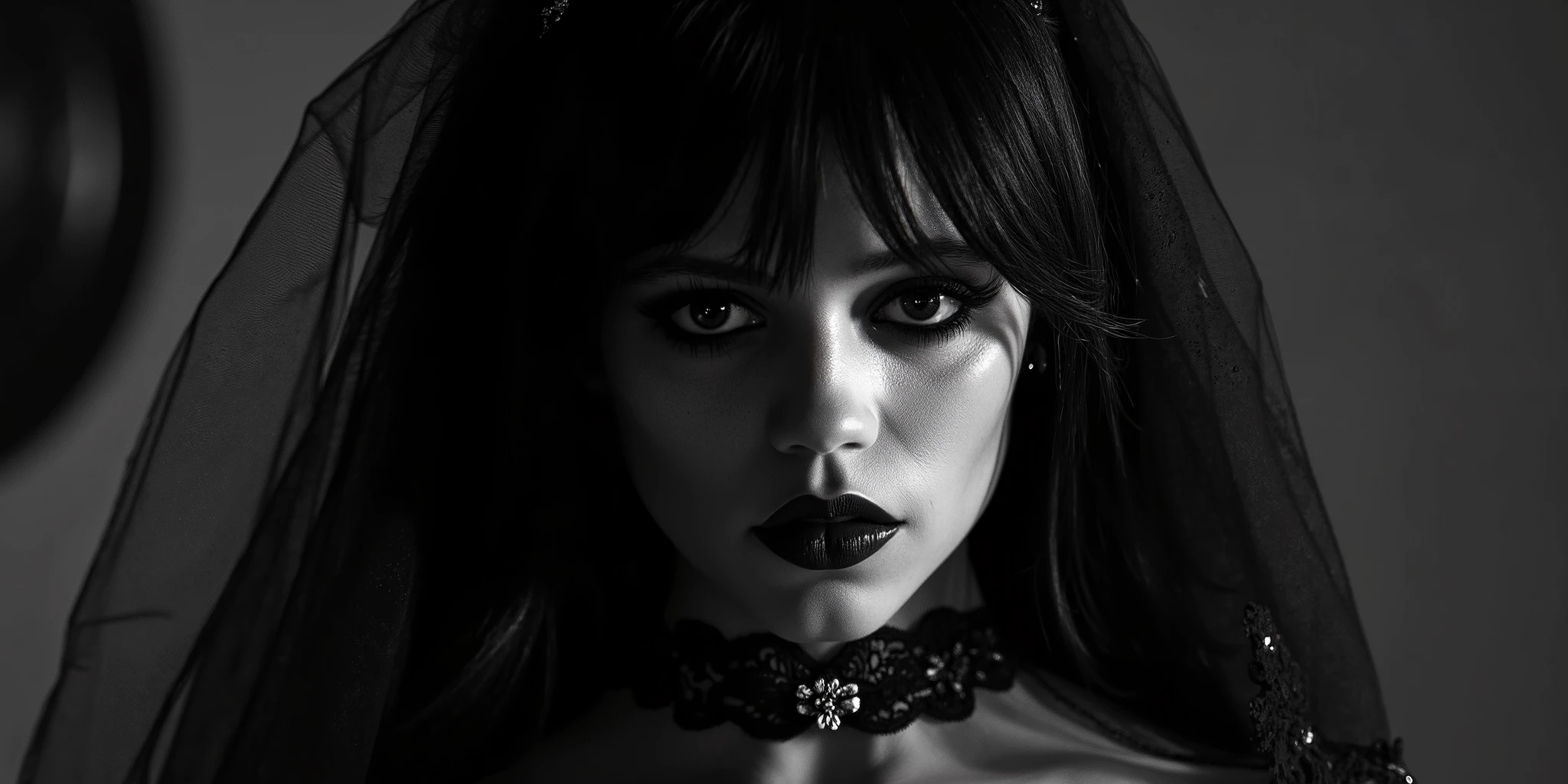 A stunning image of a gothic female. Gothic black hair, dark eyeshadow, dark lips. Cheeky grin. Sparkling eyes. Wearing a glamourous lacy dress.