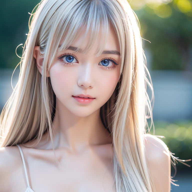 ( close-up:1.4)、(RAW shooting:1.2)、( photo real:1.4)、( Masterpiece:1.3)、( best quality:1.4)、 bright expression 、 very beautiful girl、An exceptionally beautiful girl、 cute and beautiful face details、Beautiful Bangs、Radiant, fair, glowing skin、Facial hair、 bangs that extend to her face 、 bangs between your eyes、 super long hair 、Super long, straight, silky hair with a striking platinum blonde hue、 thin hair、 Attractive Sparkling Beautiful Bright Clear Light Blue Big Eyes 、 dress、 eyeliner、 double eyelids、 rich bust、 upper body、