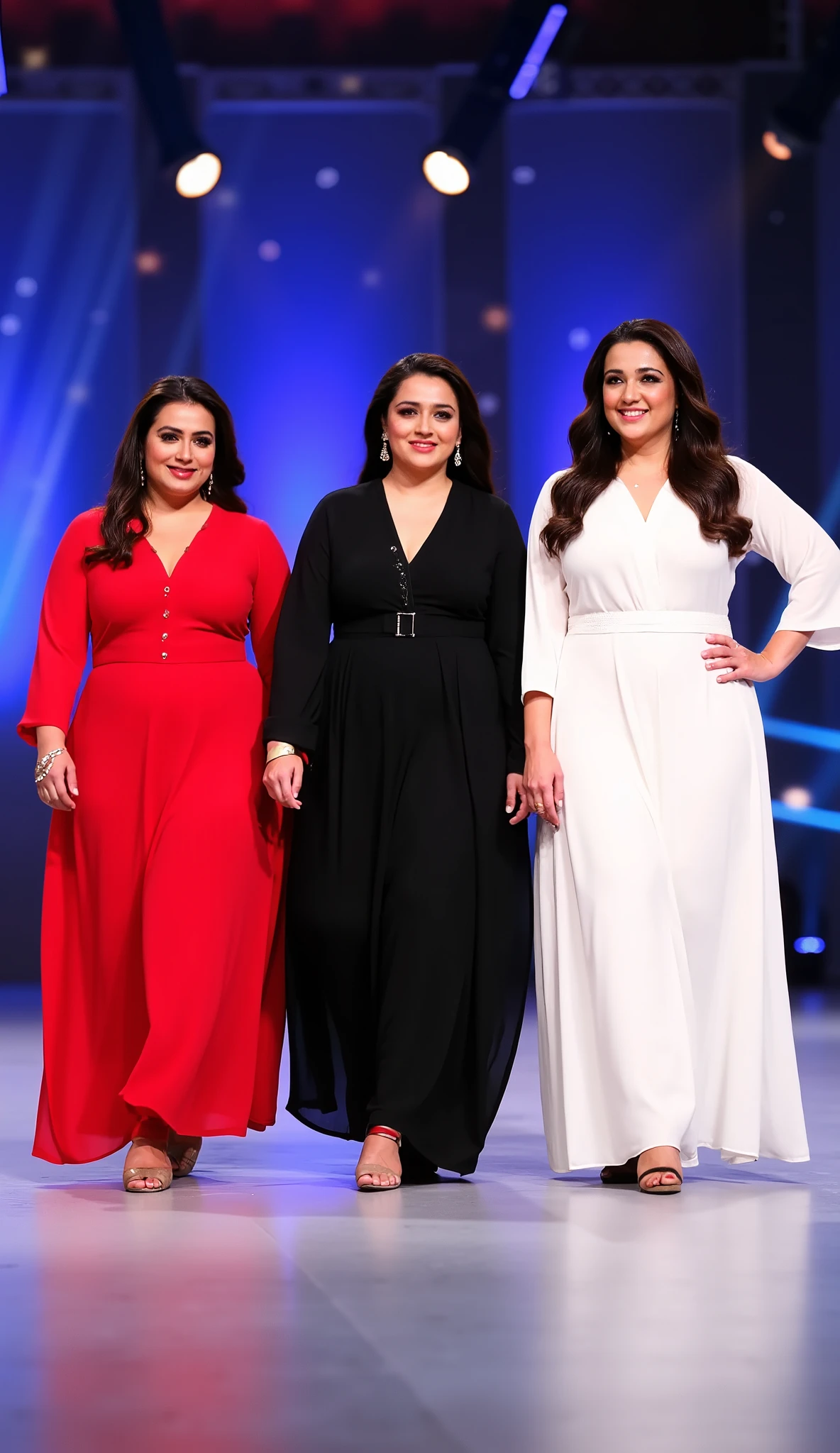 Create an image of three plus-size women walking confidently on a TV stage show. The women are wearing elegant Desi shalwar kameez dresses in red, black, and white, perfectly fitted to their body shape without revealing any skin. The dresses are modest, stylish, and complement their curves gracefully. The stage is brightly lit with a professional setup, and the women are smiling and radiating positivity. The overall scene is vibrant, cultural, and empowering, with a focus on their confidence and attire.