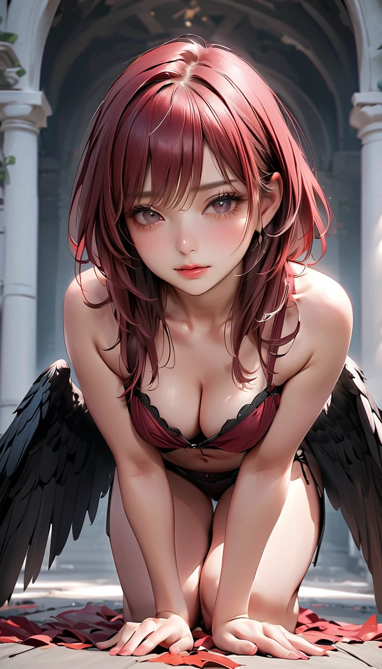 bestquality、Ultra High Res、(photorealistic:1.4)、Chommage Chommage Chommage Chommage Chommage Chommage Chommage Japan people、charming face。Model Face。hair long。slender。BIKINI、beautiful detail、Red hair。Big Boobs。Mini skirt。ear ring。Raking up your hair。Detailed details。vivid。realistic details。lifelike。large wings on the back。Above the clouds。Clouds around。Mass of clouds。naked,。Wings of an Angel。long wings。Wide wings。Lifting the chest。Lift your chest with both hands。Embarrassed face lifting chest with both hands。embarrassed face。shyness。blushful。Troubled face。Kneeling。Get on your knees。Close Eyes。kiss face。Kissing face with closed eyes。kiss。Look up。Pressing for a kiss。Ask for a kiss。