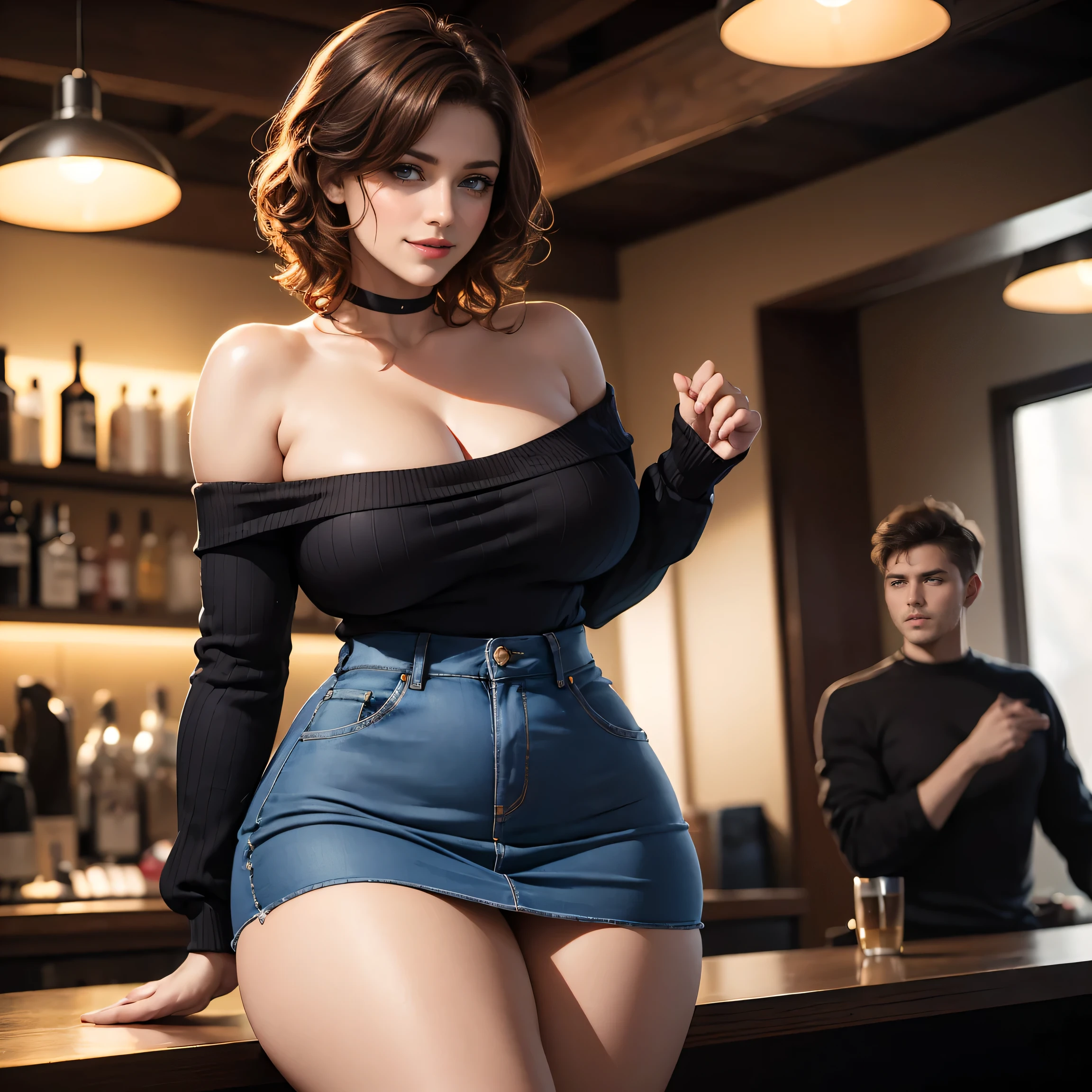 Aubrey Plaza, (Aubrey Plaza:1.3), masterpiece quality, best quality, realistic, (realistic:1.3), detailed, realistic, 1girl, alone, (solo:1.9), 20 years old, young beautiful face, in a busy tavern, short hair, wearing a black lace bra, (black lace bra:1.5), wearing a black miniskirt, (black miniskirt:1.5), wearing fishnet stockings, wearing a choker collar, huge breasts, (huge breasts:1.5), thin body, 