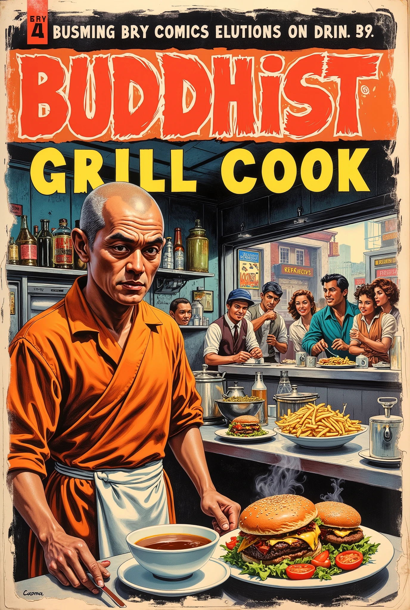 vintage 60s comic book, "BUDDHIST GRILL COOK", oriental style  comic book font, stroke embossed border, torn cover, worn, collector's item, show price and publisher logo,  young Asian Buddhist monk in orange robes working a grill in a diner, serving up burgers and fries, Reuben sandwich, coffee, group of NYC workers at the eating counter, all happy and well fed, retro 60s, bold colors, detailed, erotic, NSFW, lurid and vivid colors, detailed, intricate, gouache paints, Steranko, Bernie Wrightson, Wally Wood, Frazetta, Mort Künstler, Jack Kirby, medium contrast lurid vivid lighting, classic comic aesthetic, Italian fumetto, 