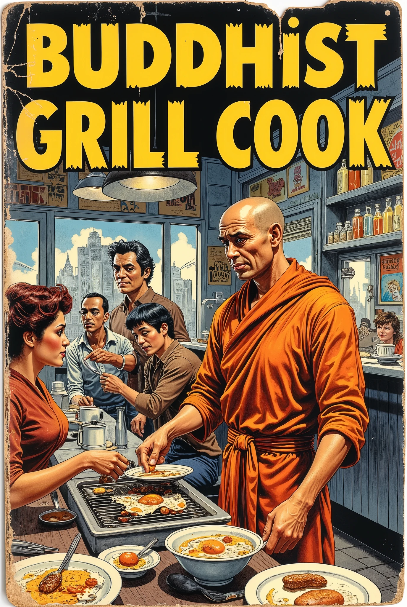 vintage 60s comic book, "BUDDHIST GRILL COOK", classic comic book font, stroke embossed border, torn cover, worn, collector's item, show price and publisher logo, young Asian Buddhist monk in orange robes working a grill in a diner, serving up breakfast, eggs, sausage, coffee, group of NYC workers at the eating counter, all happy and well fed, retro 60s, bold colors, detailed, erotic, NSFW, lurid and vivid colors, detailed, intricate, gouache paints, Steranko, Bernie Wrightson, Wally Wood, Frazetta, Mort Künstler, Jack Kirby, medium contrast lurid vivid lighting, classic comic aesthetic, Italian fumetto,