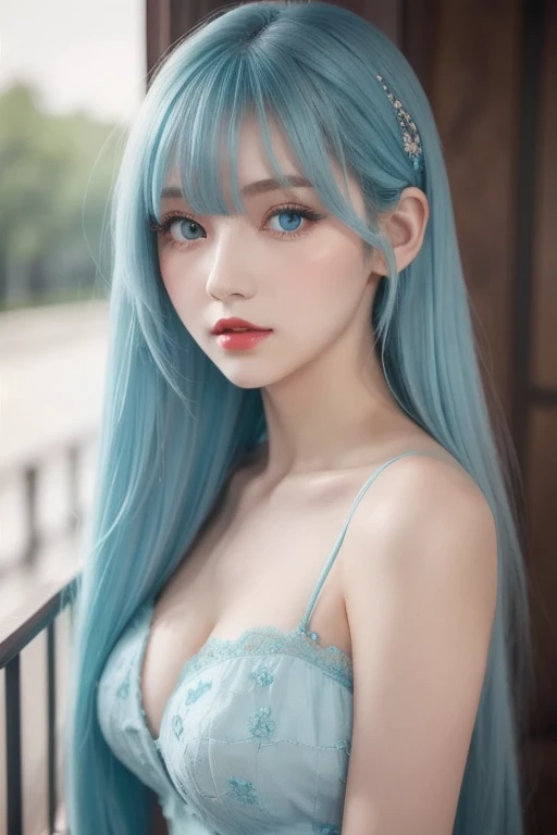Long Light Hair,close to face,Chinese big eyes girl with lipstick on her lips, Realistic scene style, Light cyan and light maroon, I can't believe how beautiful this is, pixar-style, pixar-style, pixar-style, pixar-style,Light white and light cyan, cartoon character