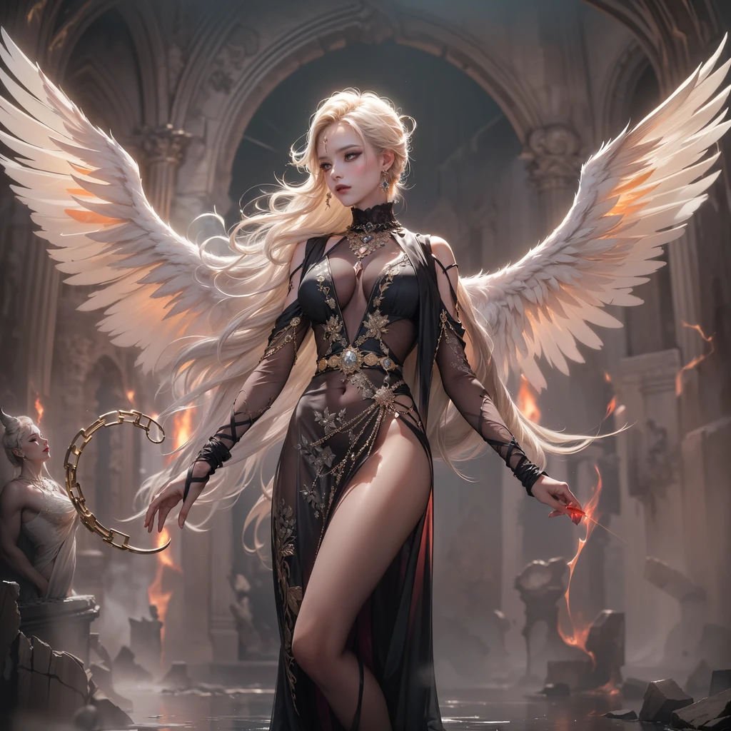 Top quality, masterpiece, ultra high resolution, (photorealistic: 1.4), transcendent beauty, witch, whole body, from above, wings fluttering, legs raised, correct limbs, arms bent and casting, transcendent beauty, magic circle, aristocratic costume, crystal big magic wand, super long hair, demon king's castle, raw photo, 1 girl, silver hair, formal up, shiny skin, dramatic lighting, (smile:1.2)