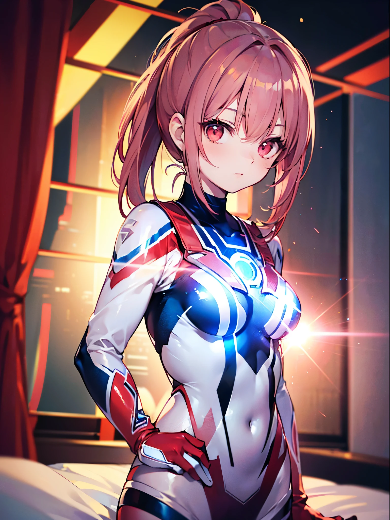 girl,From the back,butt,red hair,short bob,red eyes, (Ultra Girl :1.0), silver and red ultraman bodysuit, Upper body, put your hands on your hips,fist,big breasts