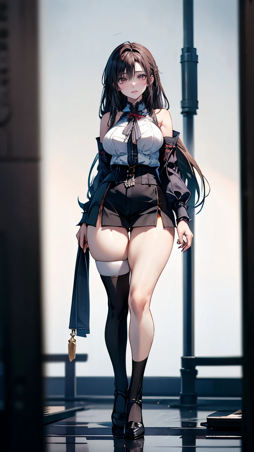 Giantess in a black suit, black hair, thigh high, curvy, busty, smirk, destruction
