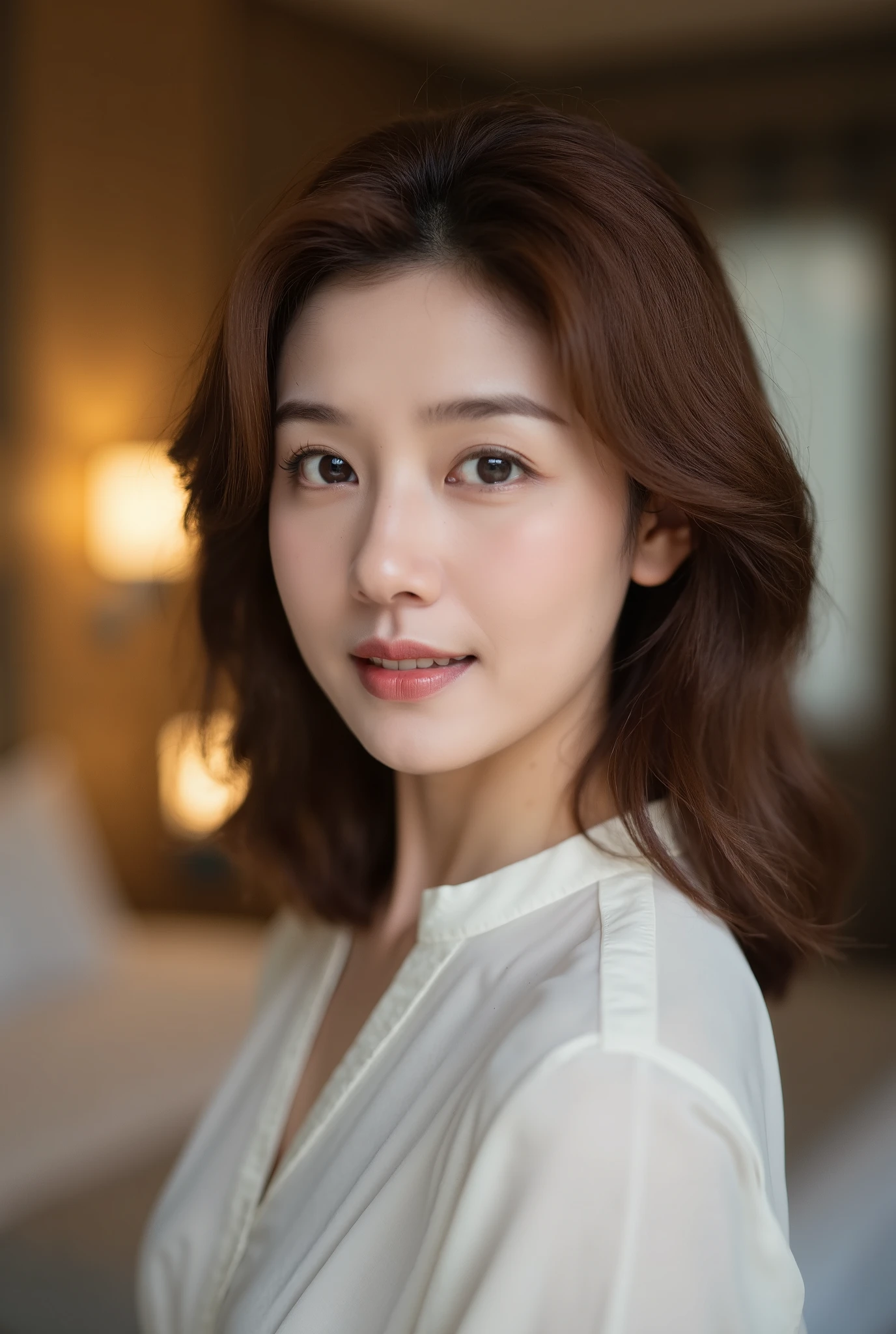 A realistic portrait of a Japanese woman in her mid-30s ,designed to appeal to a wealthy, sophisticated 65-year-old single man. She has soft, symmetrical facial features with natural expressions, highlighting her maturity and warmth. Her skin shows subtle, natural signs of aging, including light fine lines and gentle wrinkles around the eyes and mouth, adding realism to her appearance. Her brown hair is shoulder-length and styled in soft, effortless waves, with a natural shine. She wears an understated, elegant blouse or simple dress, suggesting tastefulness and sophistication. The lighting is soft and flattering, with a slightly blurred background that depicts a luxurious hotel room. The room includes soft, ambient lighting, a comfortable bed, and stylish furniture, creating a refined and welcoming atmosphere. The depth of field is shallow, creating a bokeh effect in the background, which emphasizes her presence while keeping the surroundings soft and out of focus. The image exudes warmth, confidence, and elegance, capturing her in a natural, authentic moment.”