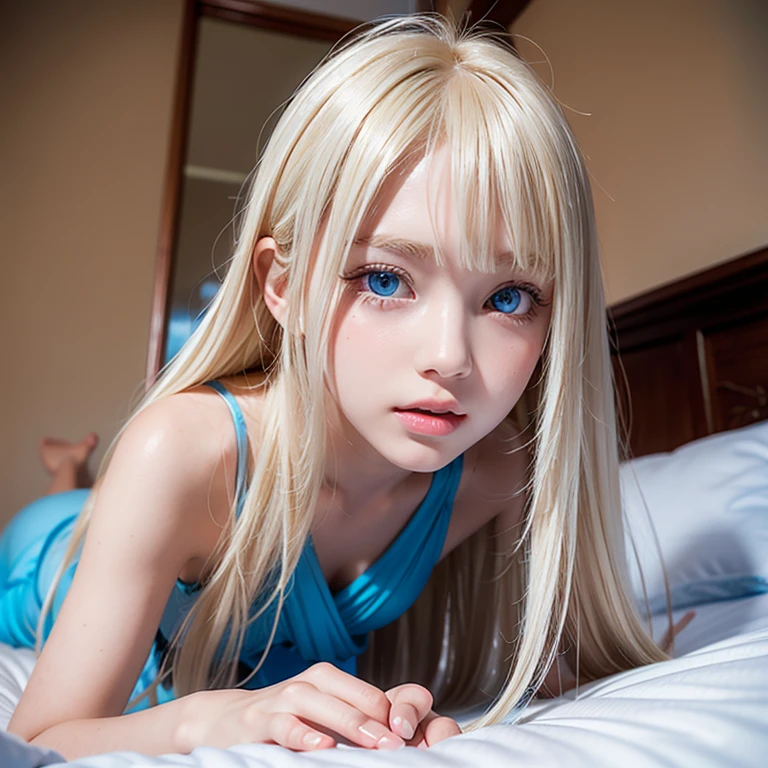 A very white and beautiful 20 year old blonde girl、masterpiece, highest quality, figure, Ultra-fine detail, Natural platinum blonde with a natural shine、Super long straight silky hair、Super long Rapunzel hair、Hair tangled all over the body、Messy bangs on the eyes,、Face-covering bangs、bangs、High resolution, 8K TV Wallpaper, Perfect dynamic composition, Beautifully detailed large light blue eyes , Very big eyes、of hotel(bed)、Small Face Beauty、Round face、On all fours、double eyelid