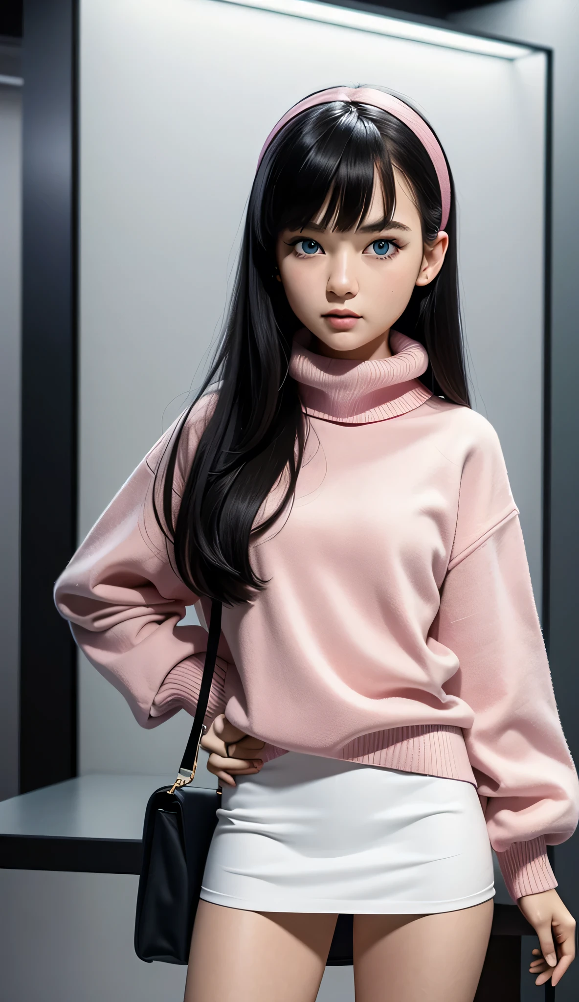 ultra-detailliert, (Real: 1.5), Very detailed, ultra-detailliert, Extreme Detail, High quality, Full body, Solo, 1 woman, Cool face, detailed eyes, detailed nose, (Exquisite facial features), Studio Lighting, tween, flat chest, blue eyes, black hair, long hair, straight hair, bangs, pink headband, pink turtleneck sweater, white miniskirt
